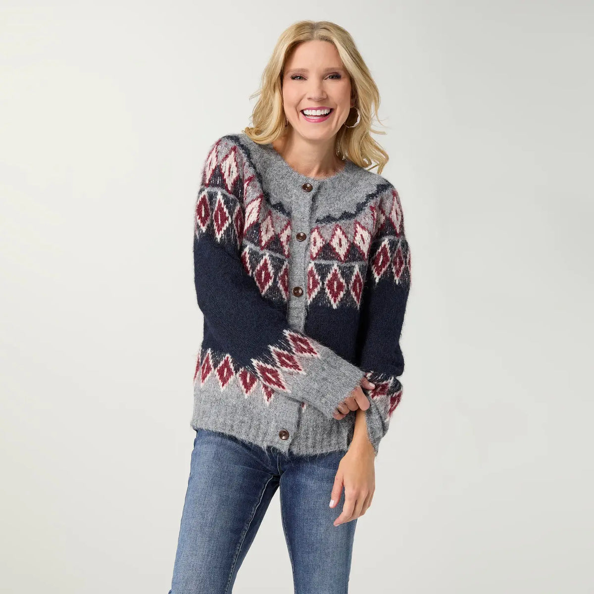 grey blue and red button up cardigan at the rustic barn in killingworth ct