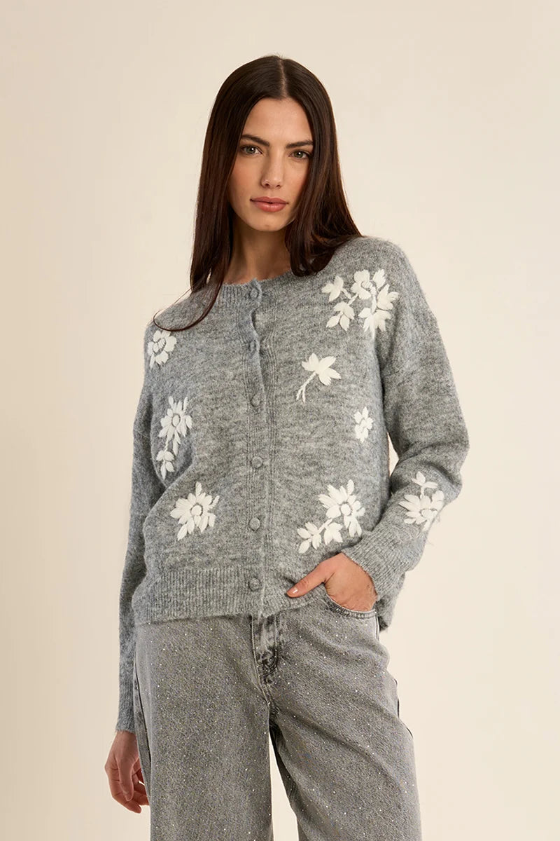 grey and white floral knitted cardigan at the rustic barn in killingworth ct