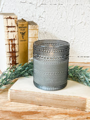 grey dotted glass flameless candle at the rustic barn in killingworth ct