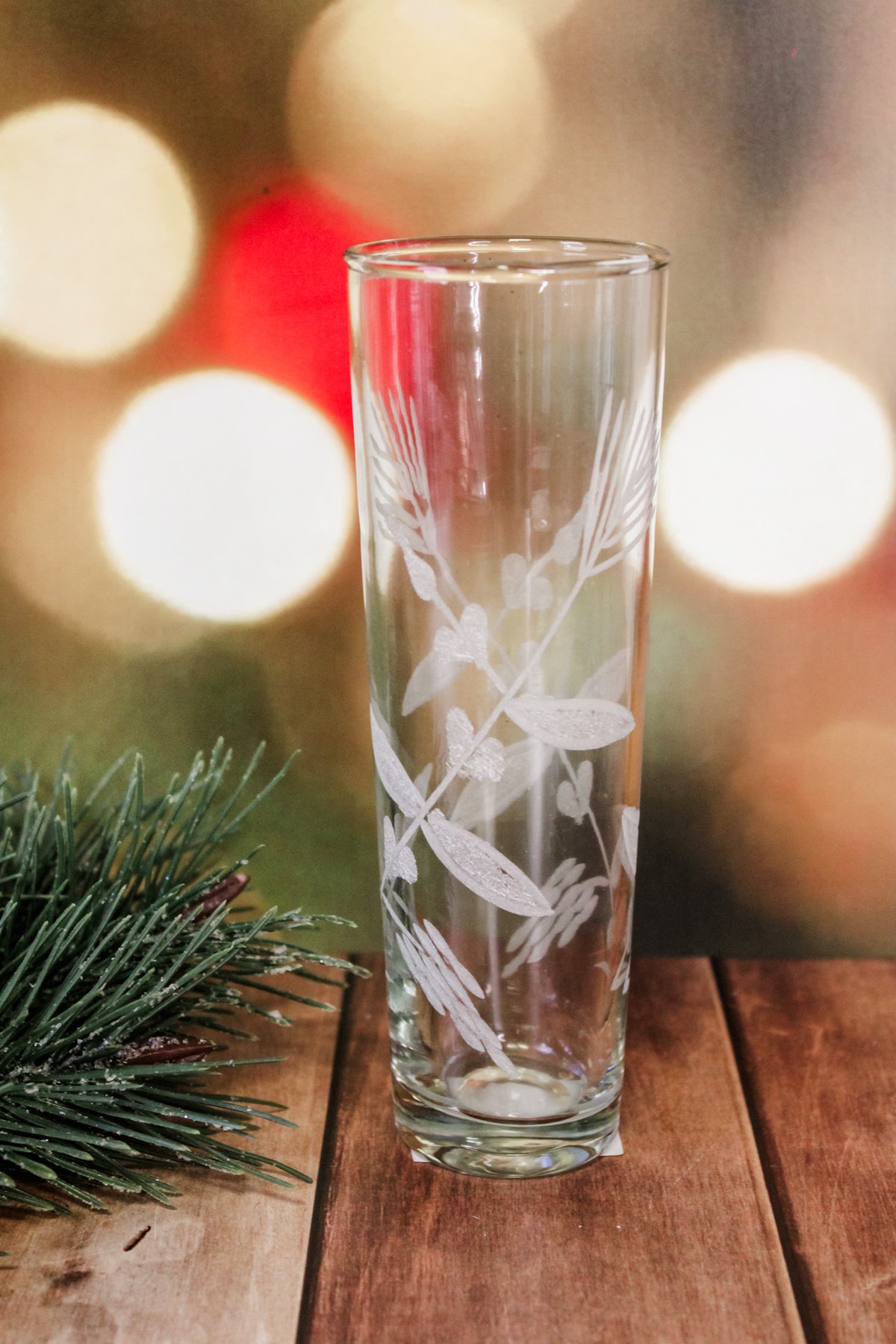 Highball glasses hand blown glasses with etched florals white for christmas and holiday hosting for the home for sale at the rustic barn in killingworth, CT