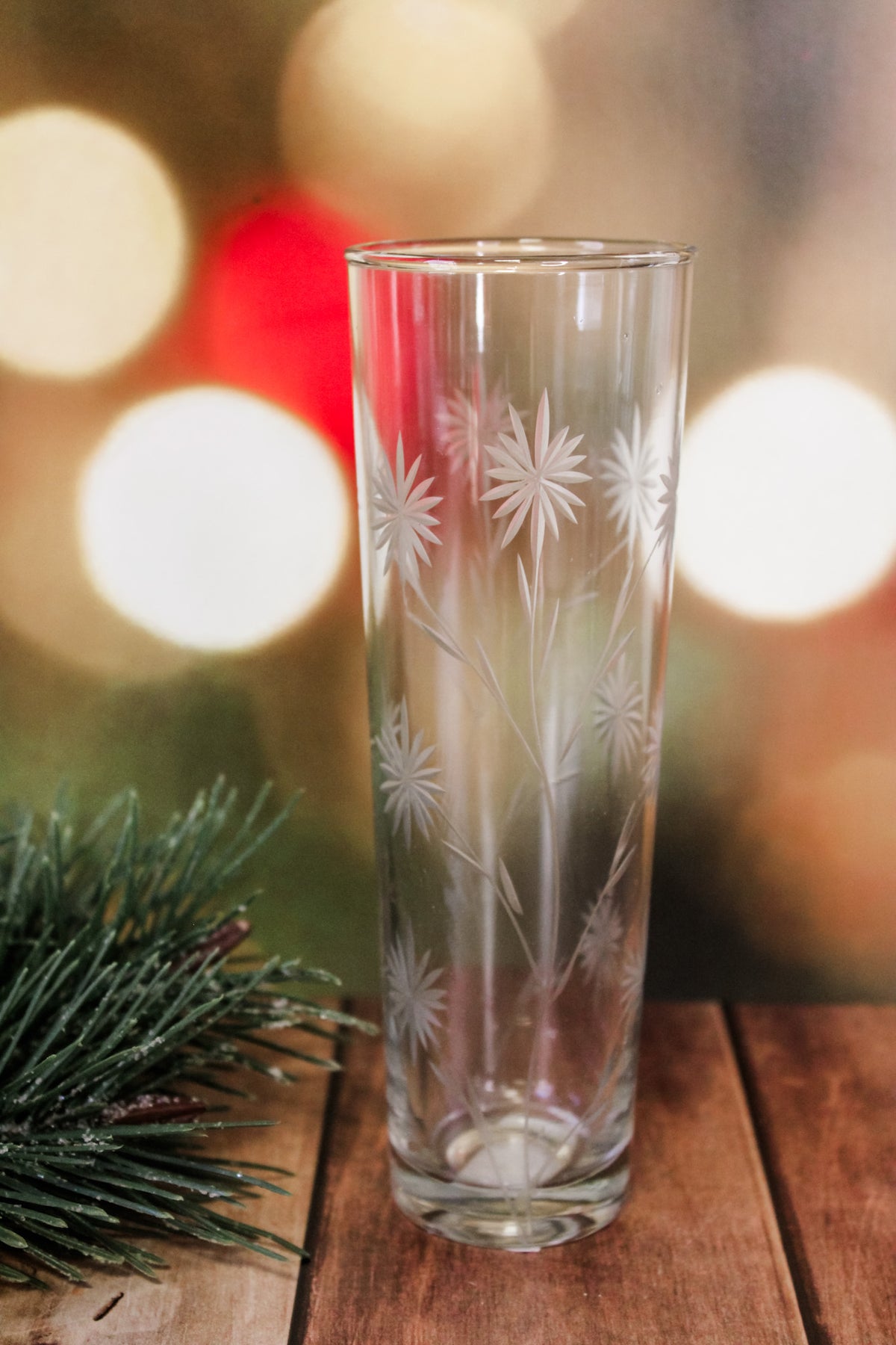 Highball glasses hand blown glasses with etched florals white for christmas and holiday hosting for the home for sale at the rustic barn in killingworth, CT