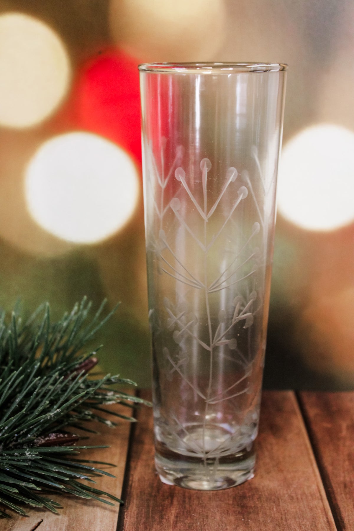 Highball glasses hand blown glasses with etched florals white for christmas and holiday hosting for the home for sale at the rustic barn in killingworth, CT