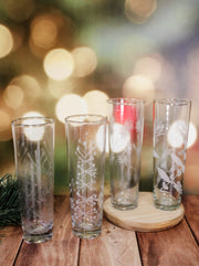 Highball glasses hand blown glasses with etched florals white for christmas and holiday hosting for the home for sale at the rustic barn in killingworth, CT