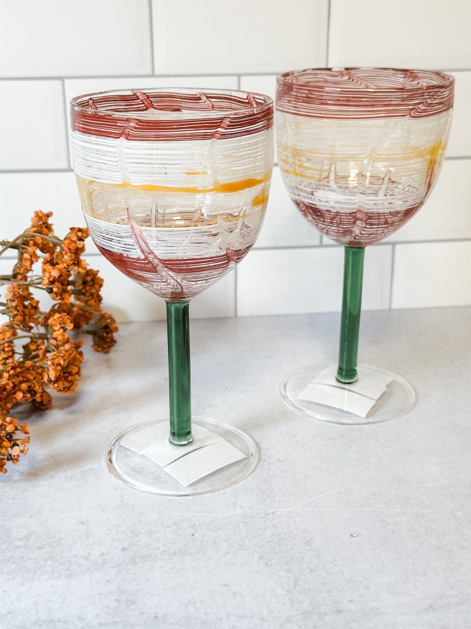 hand blown multi-color wine glasses at the rustic barn in killingworth ct
