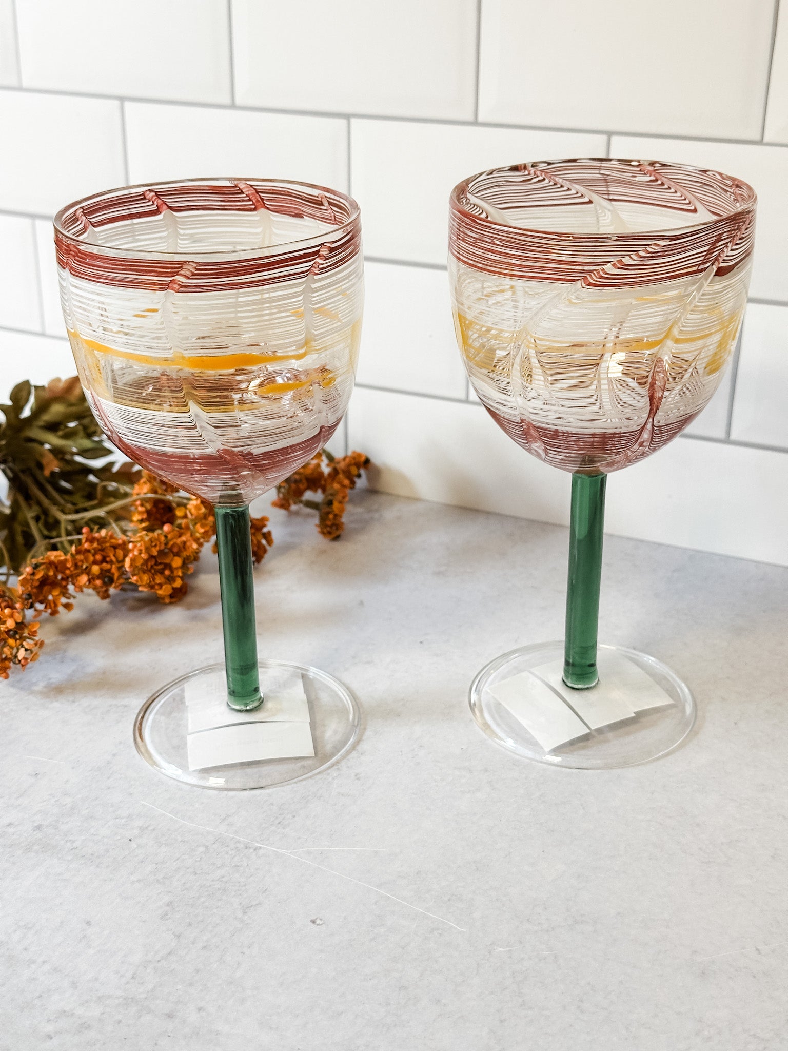 hand blown multi-color wine glasses at the rustic barn in killingworth ct