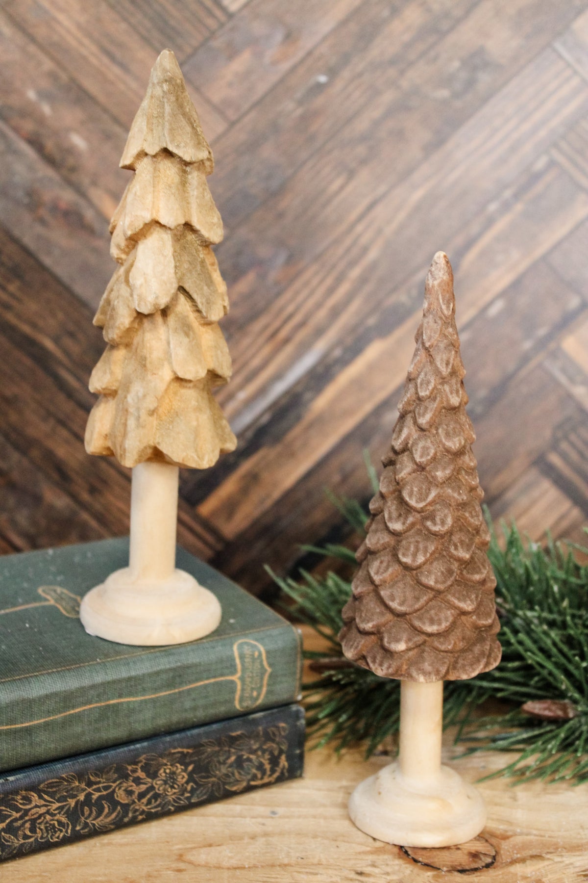 hand carved wooden minimalistic christmas trees neutral and brown for sale at the rustic barn in killingworth, CT