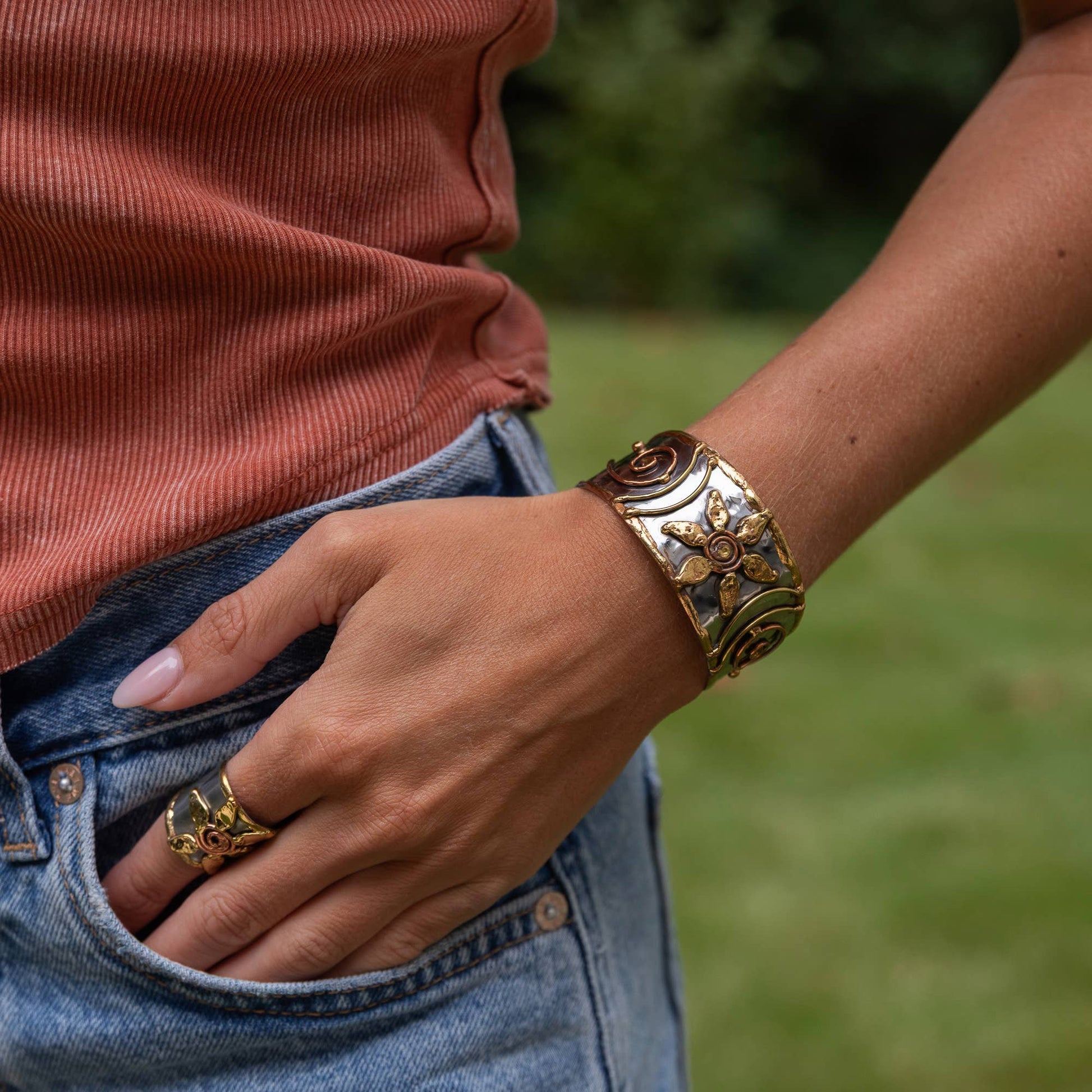 handcrafted mixed metal cuff bracelet at the rustic barn in killingworth ct
