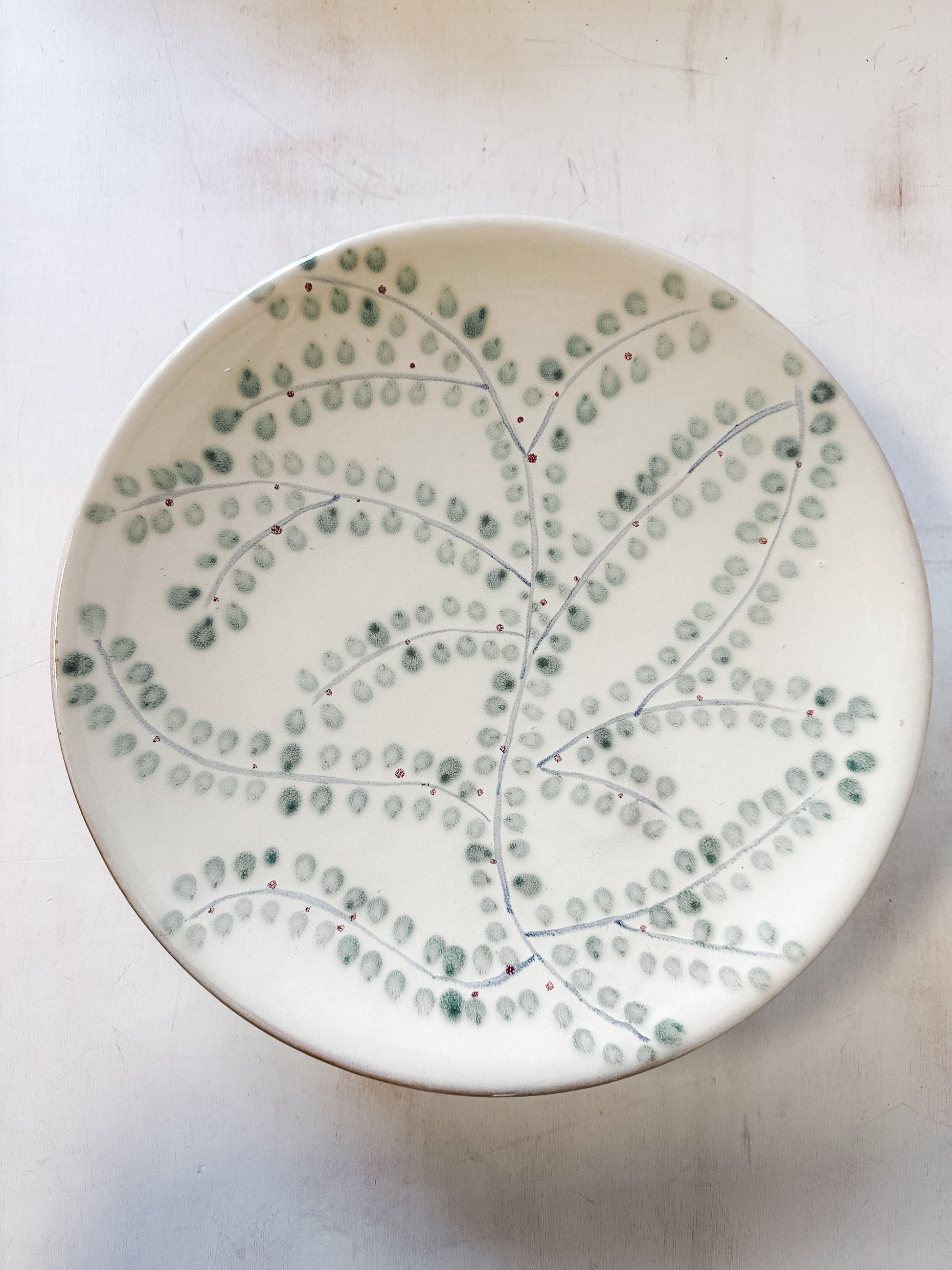 Hand-Painted Botanical Stoneware Footed Platter at the Rustic Barn in Killingworth, CT