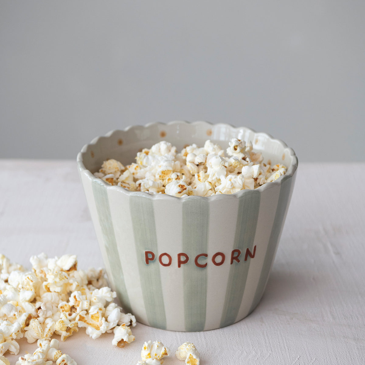 hand painted embossed stoneware scalloped striped popcorn bowl at the rustic barn in killingworth ct