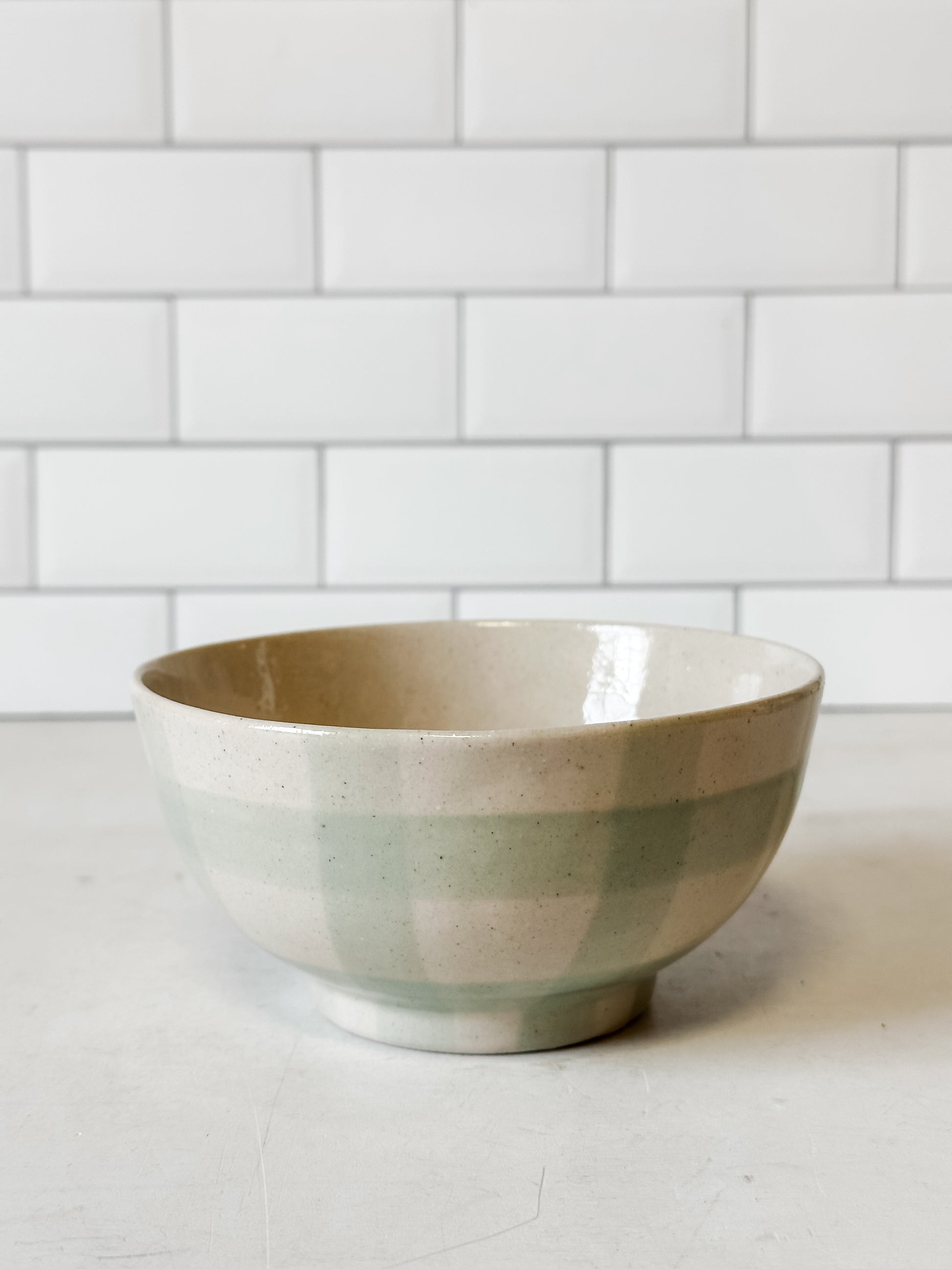 hand-painted grid stoneware bowl at the Rustic Barn in Killingworth, CT