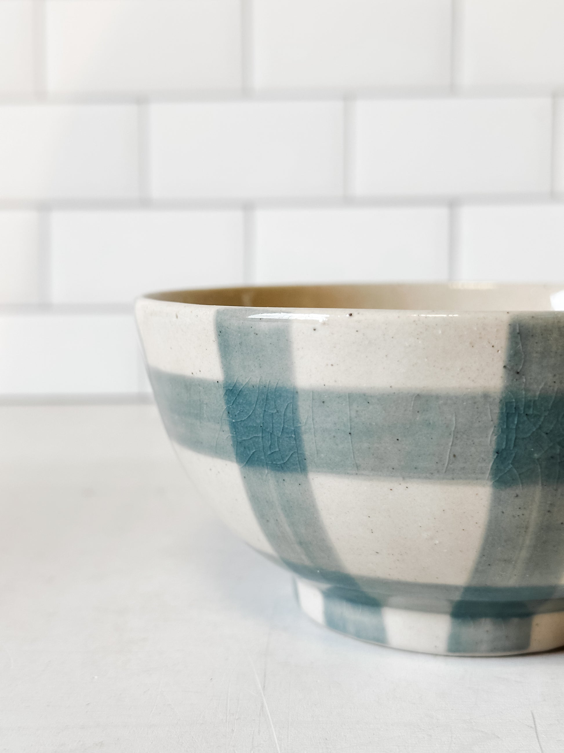hand-painted grid stoneware bowl at the Rustic Barn in Killingworth, CT