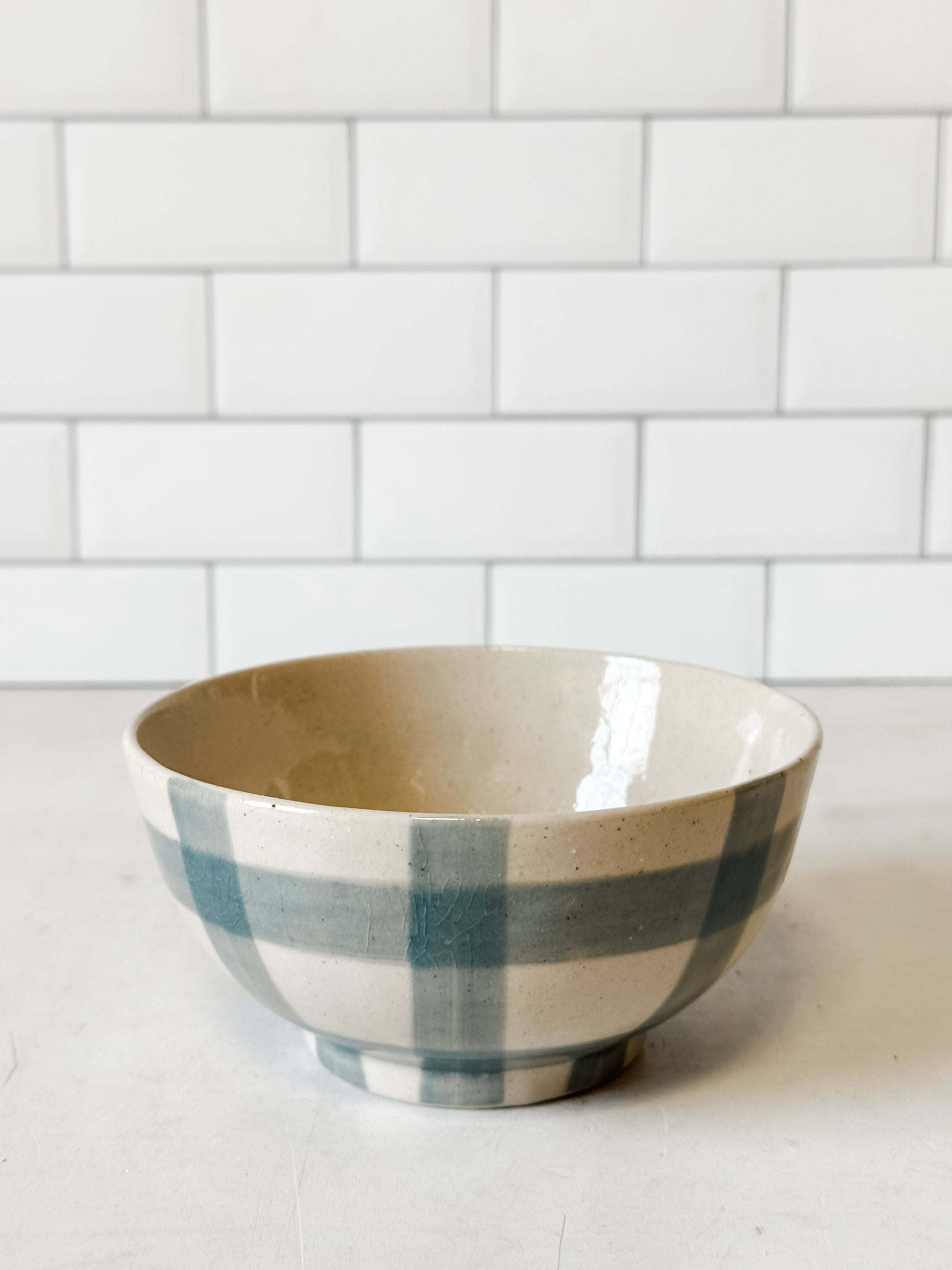 hand-painted grid stoneware bowl at the Rustic Barn in Killingworth, CT