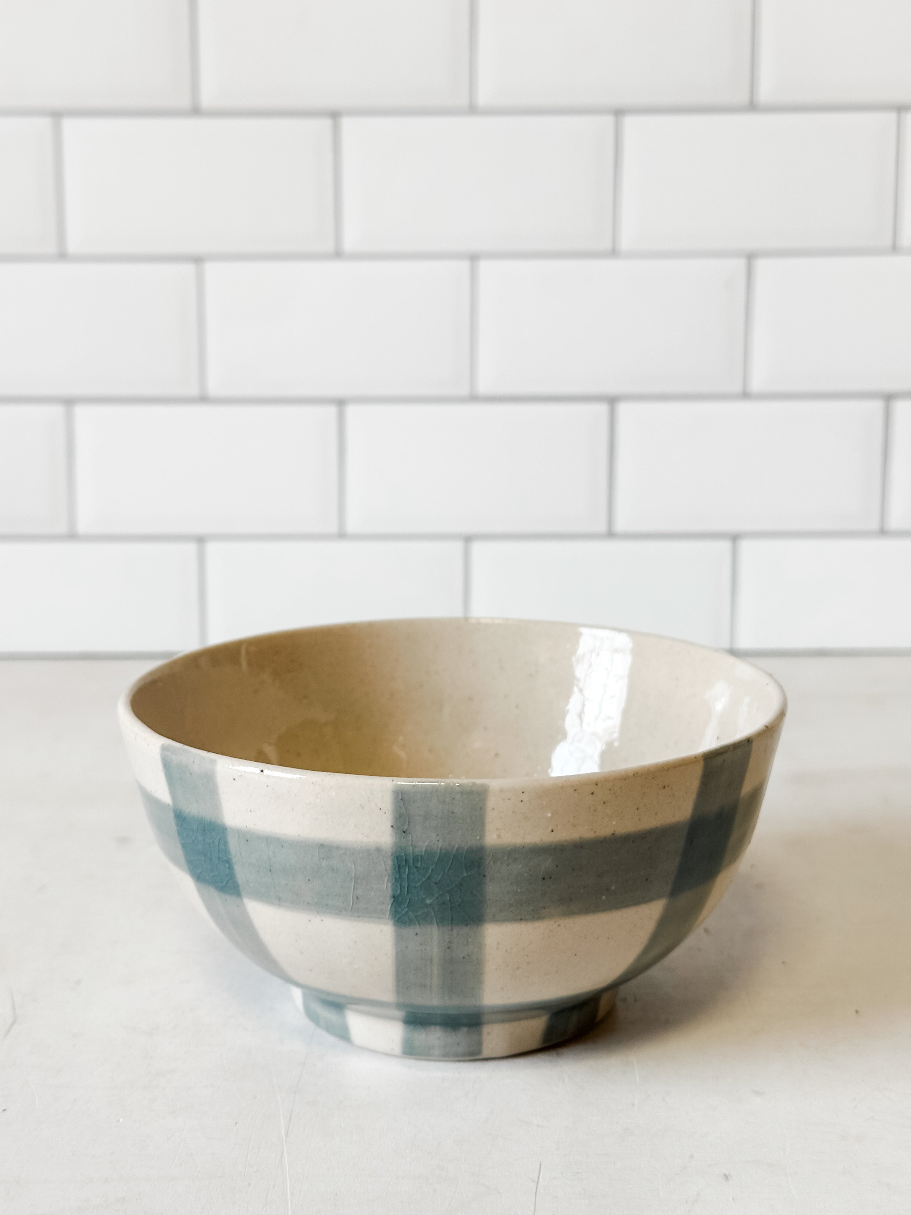 hand-painted grid stoneware bowl at the Rustic Barn in Killingworth, CT