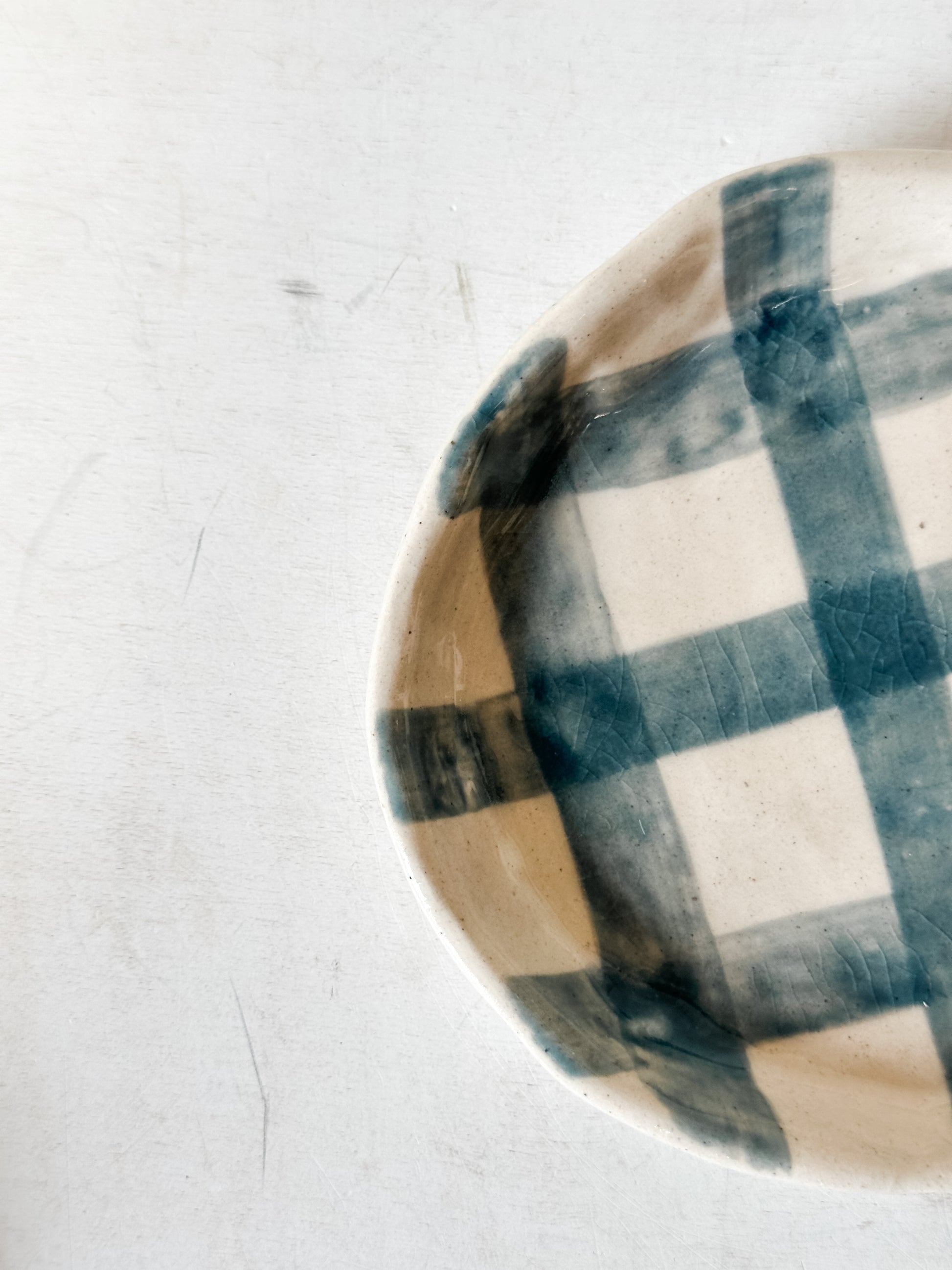 hand-painted grid stoneware side plate at the Rustic Barn in Killingworth, CT