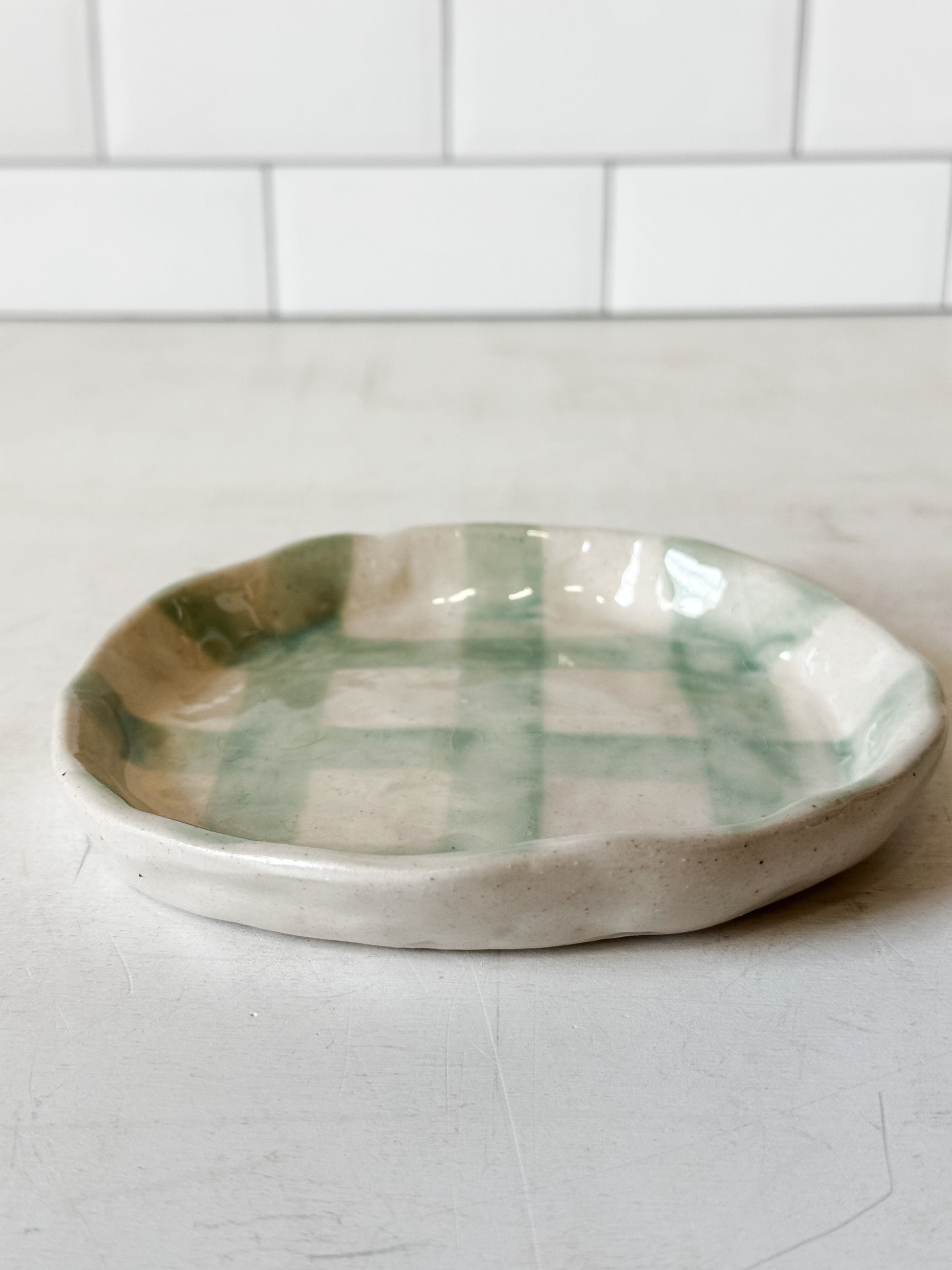 hand-painted grid stoneware side plate at the Rustic Barn in Killingworth, CT