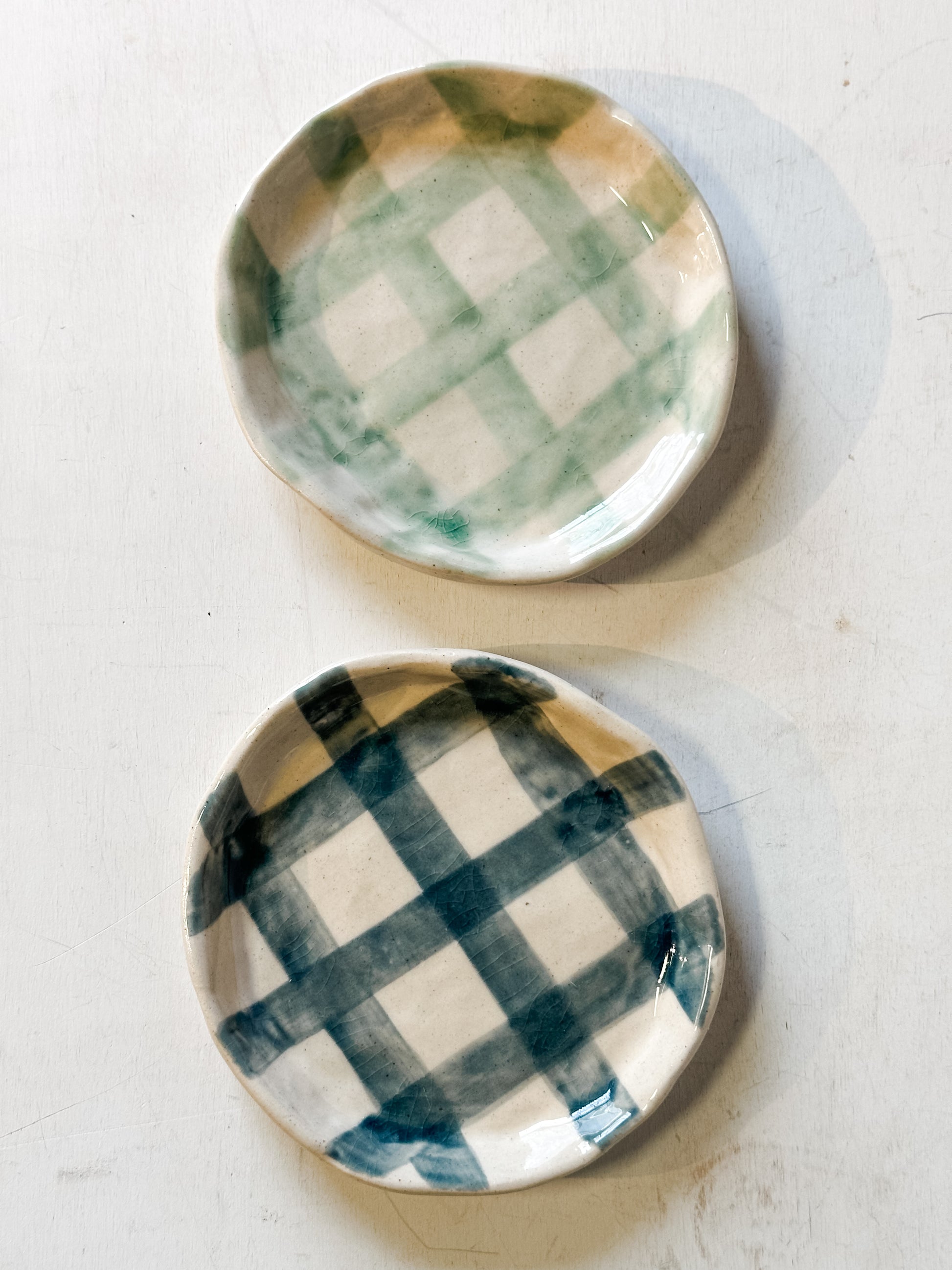 hand-painted grid stoneware side plate at the Rustic Barn in Killingworth, CT