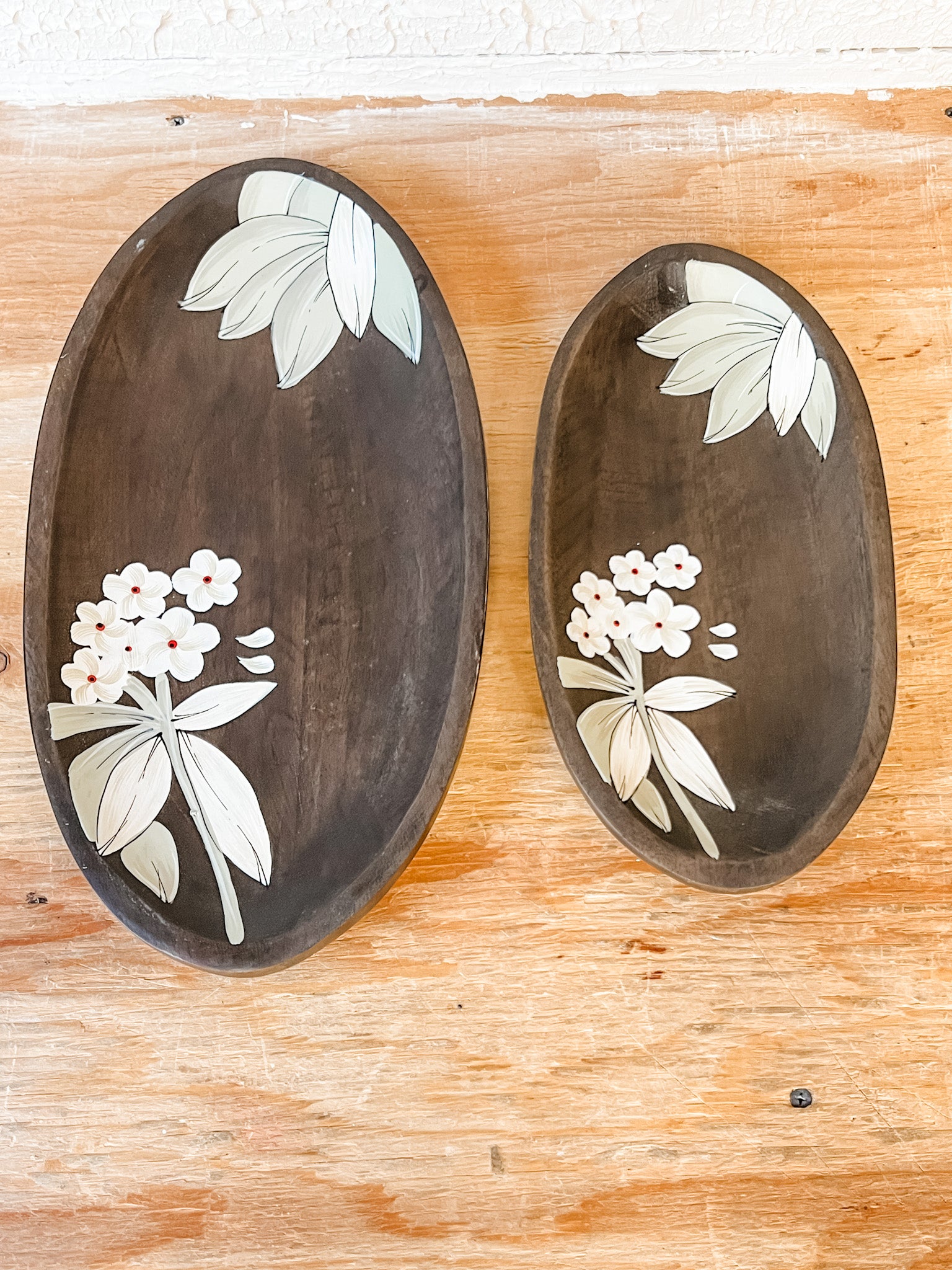 hand painted oval wood floral trays at the rustic barn in killingworth ct