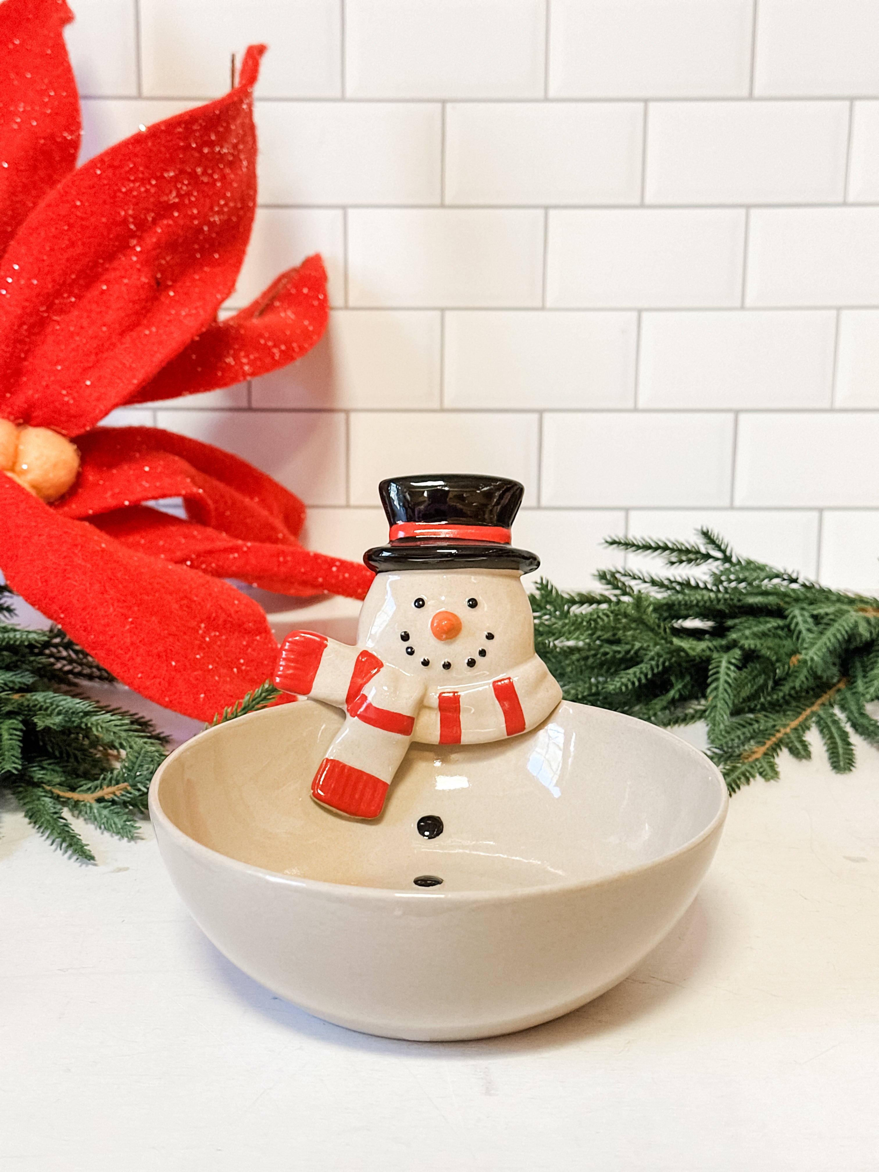hand-painted stoneware bowl with snowman head at The Rustic Barn in Killingworth CT