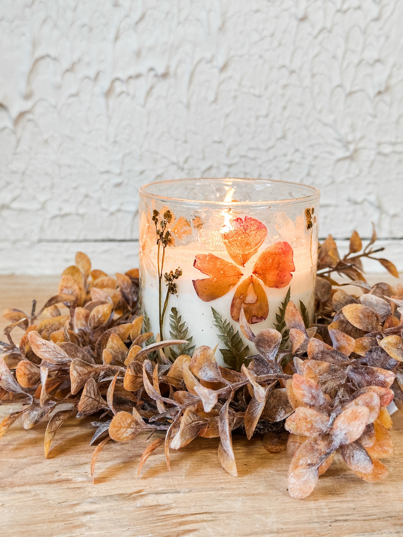 hand poured soy fall candle in a pressed glass specialty jar at the rustic barn in killingoworth ct