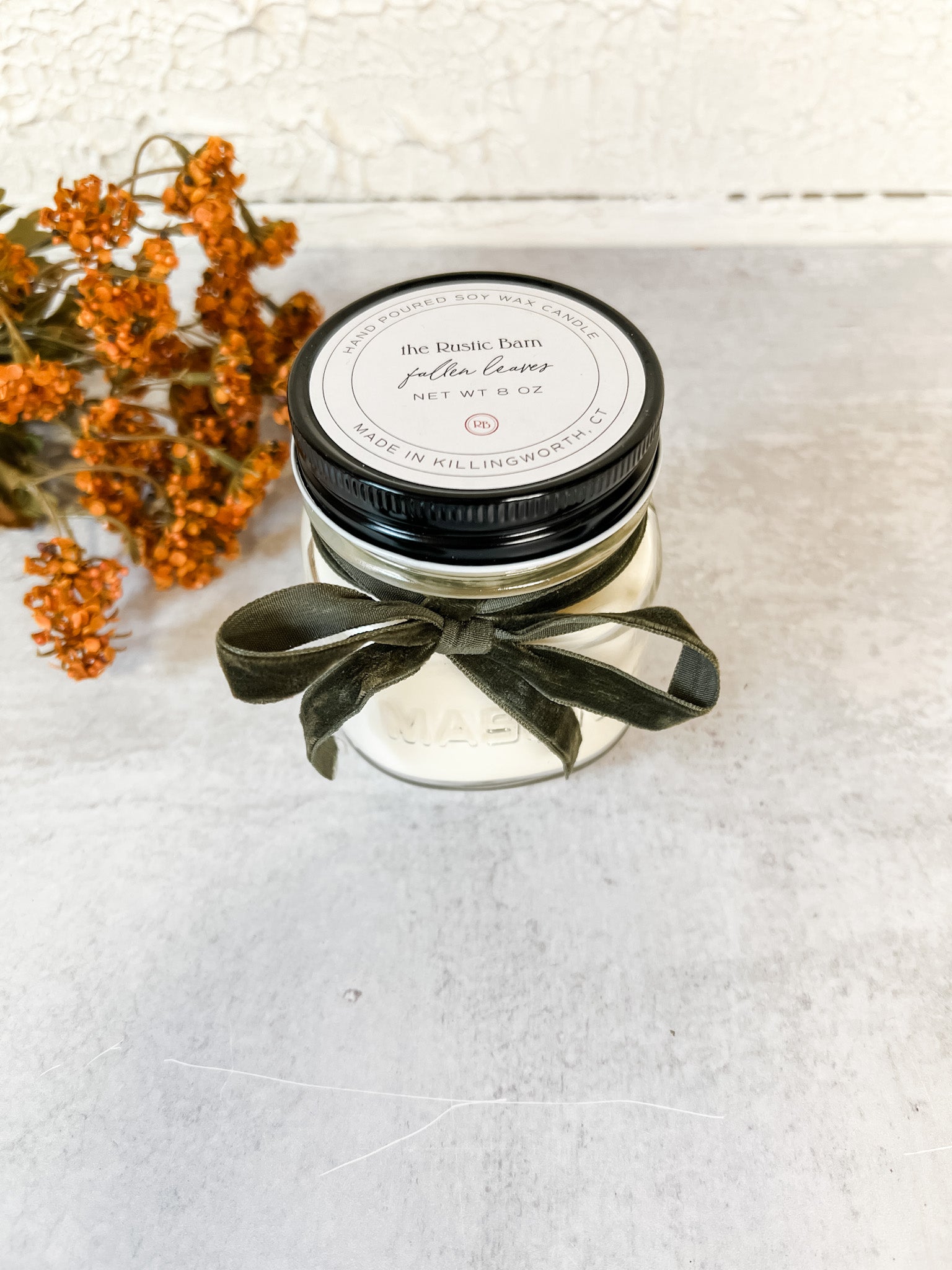 hand-poured soy fall candle fallen leaves at the rustic barn in killingworth ct