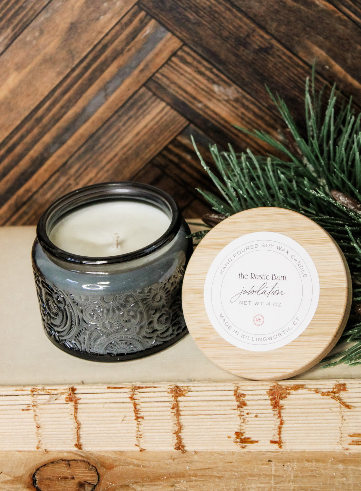 fraser fir, cypress, everygreen, and lemon scented hand-poured soy candle in 4 oz small glass jar at The Rustic Barn in Killingworth CT