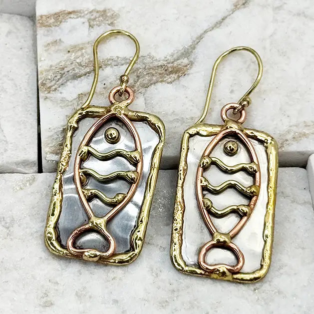 handcrafted mixed metal fish earrings at the rustic barn in killingworth ct