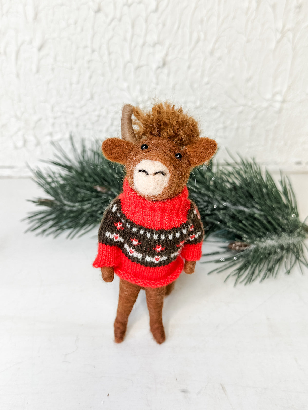 handcrafted wool felt christmas ornament animals for sale at The Rustic Barn in Killingworth, CT cow