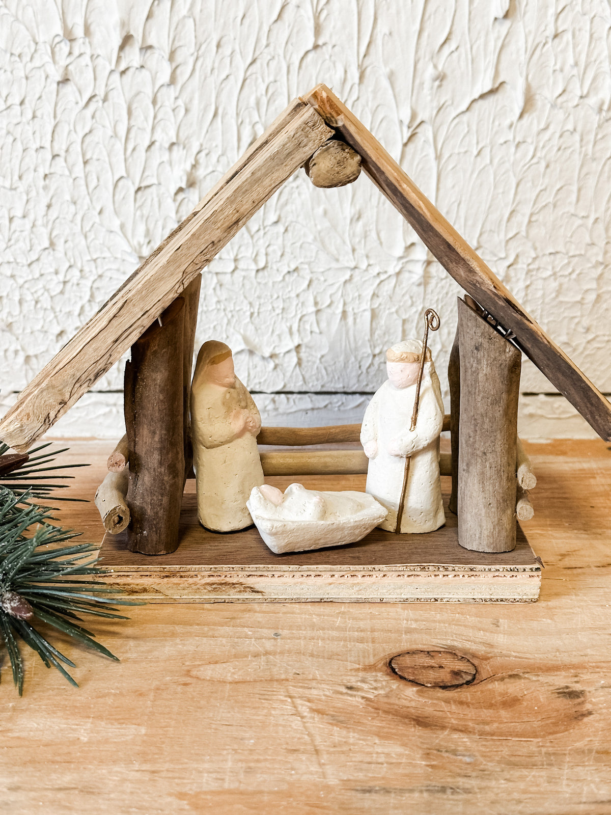 handmade driftwood and paper mache nativity set at the rustic barn in killingworth ct