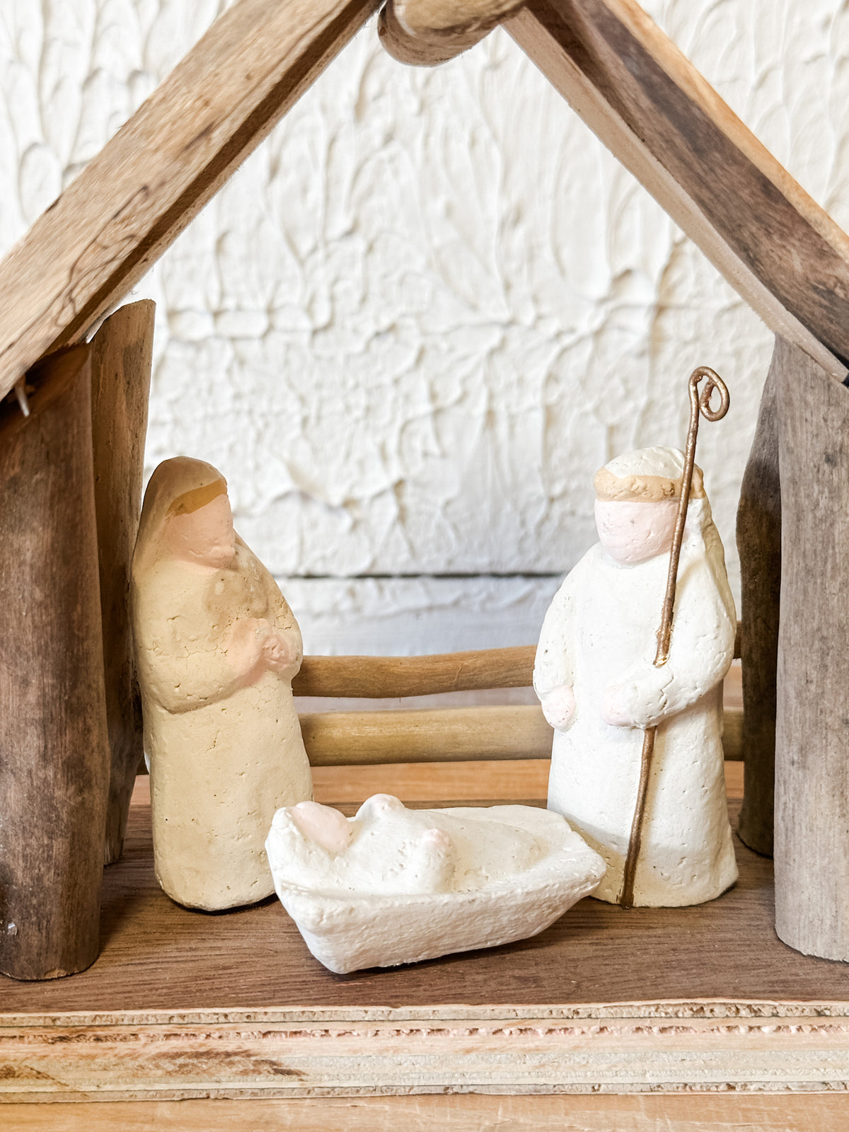 handmade driftwood and paper mache nativity set at the rustic barn in killingworth ct