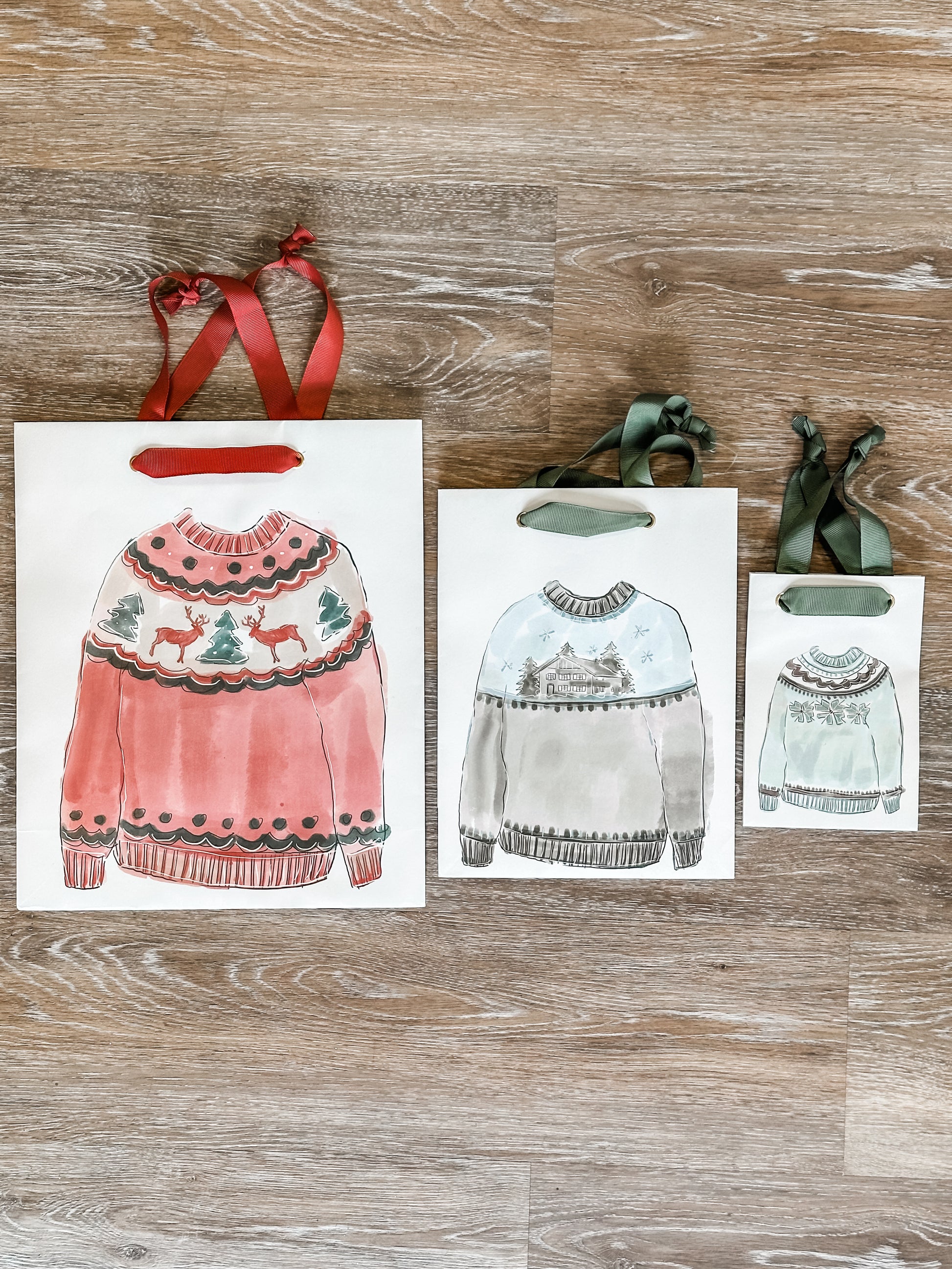 handmade printed recycled paper gift bag with sweater design at The Rustic Barn in Killingworth CT