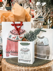 handmade printed recycled paper gift bag with sweater design at The Rustic Barn in Killingworth CT