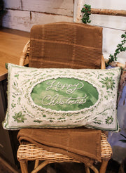 happy christmas green and cream floral 24 inch lumbar pillow for the holidays for sale at the rustic barn in killingworth, CT