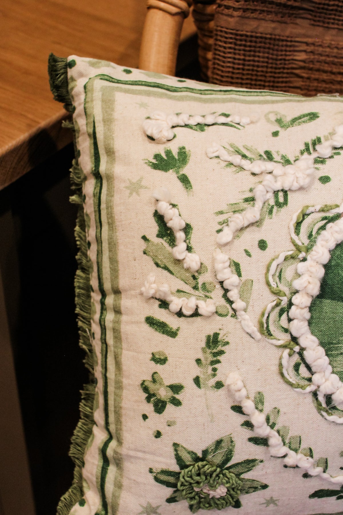 happy christmas green and cream floral 24 inch lumbar pillow for the holidays for sale at the rustic barn in killingworth, CT