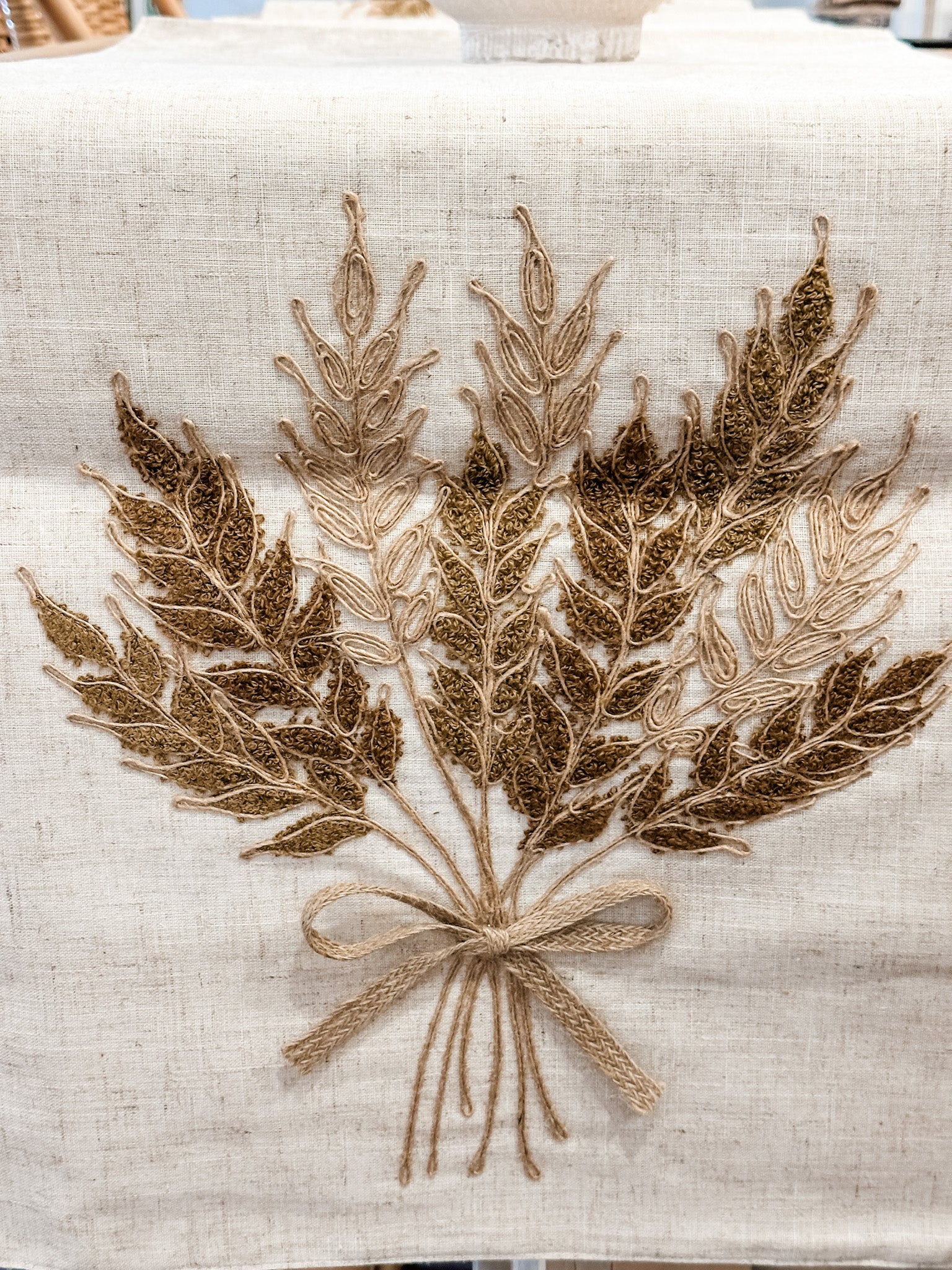 harvest embroidered wheat linen table runner at the rustic barn in Killingworth CT