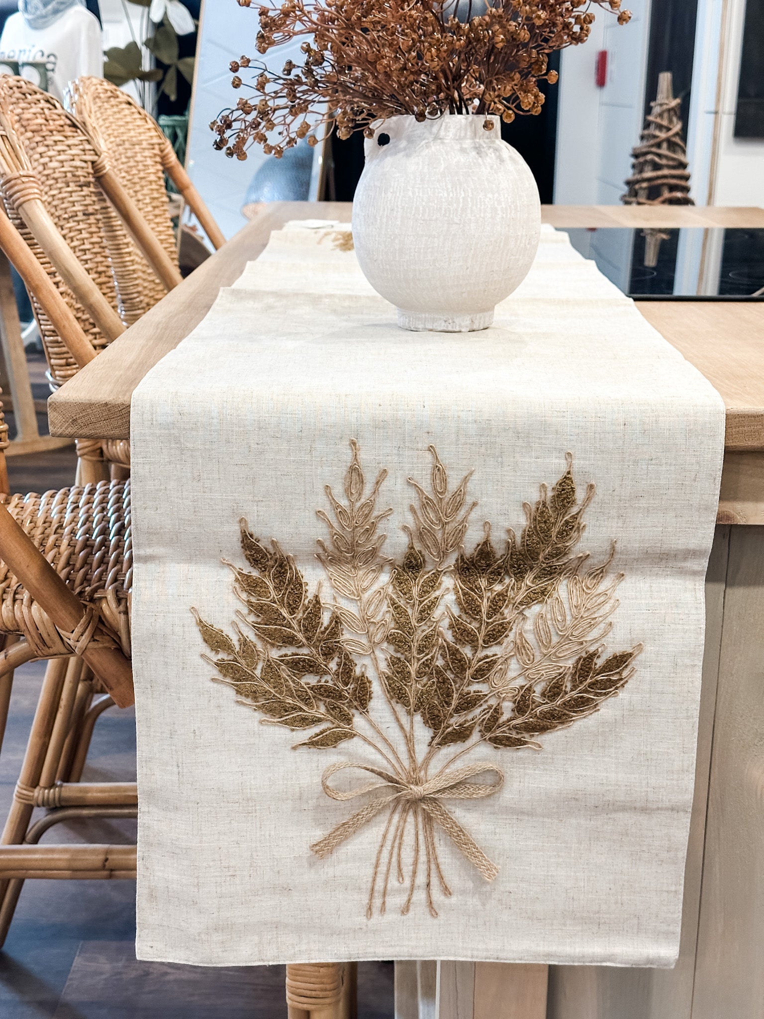 harvest embroidered wheat linen table runner at the rustic barn in Killingworth CT