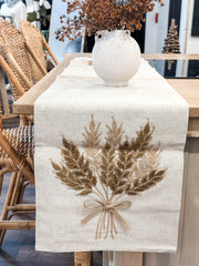 harvest embroidered wheat linen table runner at the rustic barn in Killingworth CT