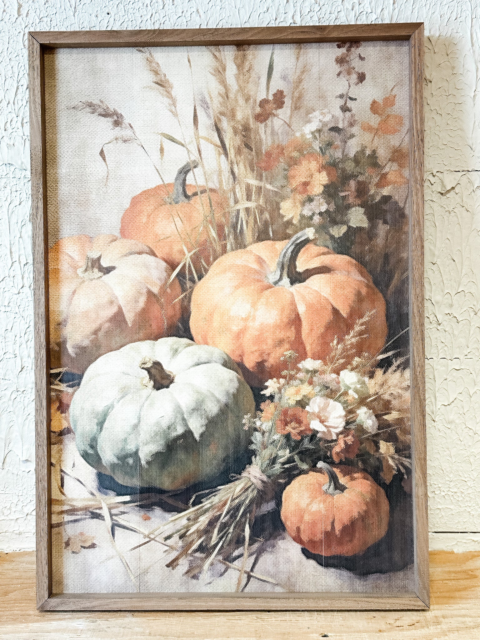 fall picture of harves gourds and pumpkins wood framed art work at the rustic barn in killingworth ct