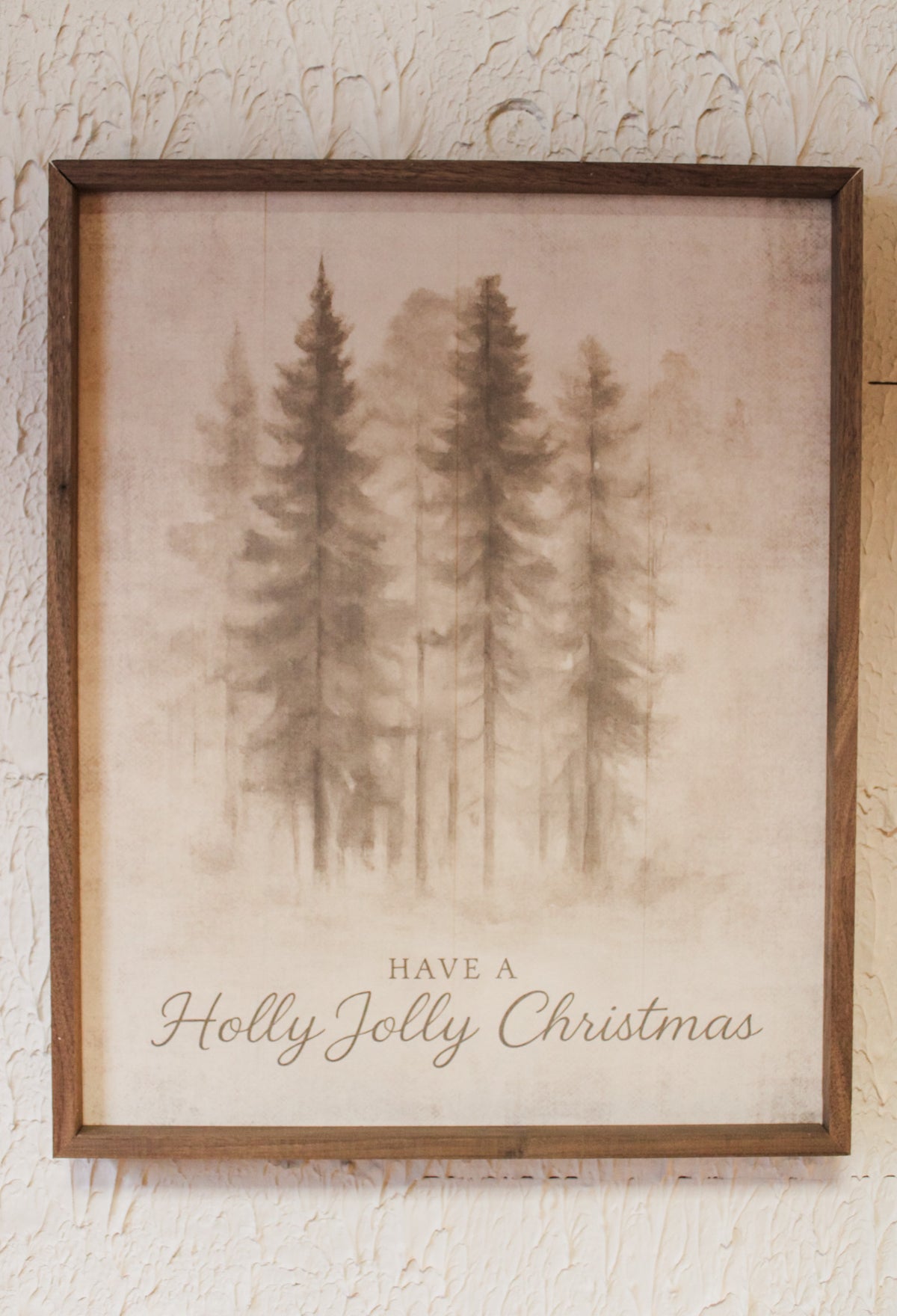 Have a holly jolly christmas wooden everygreen and snow print for christmas wall art for sale at the rustic barn in Killingworth, CT