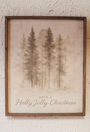 Have a holly jolly christmas wooden everygreen and snow print for christmas wall art for sale at the rustic barn in Killingworth, CT