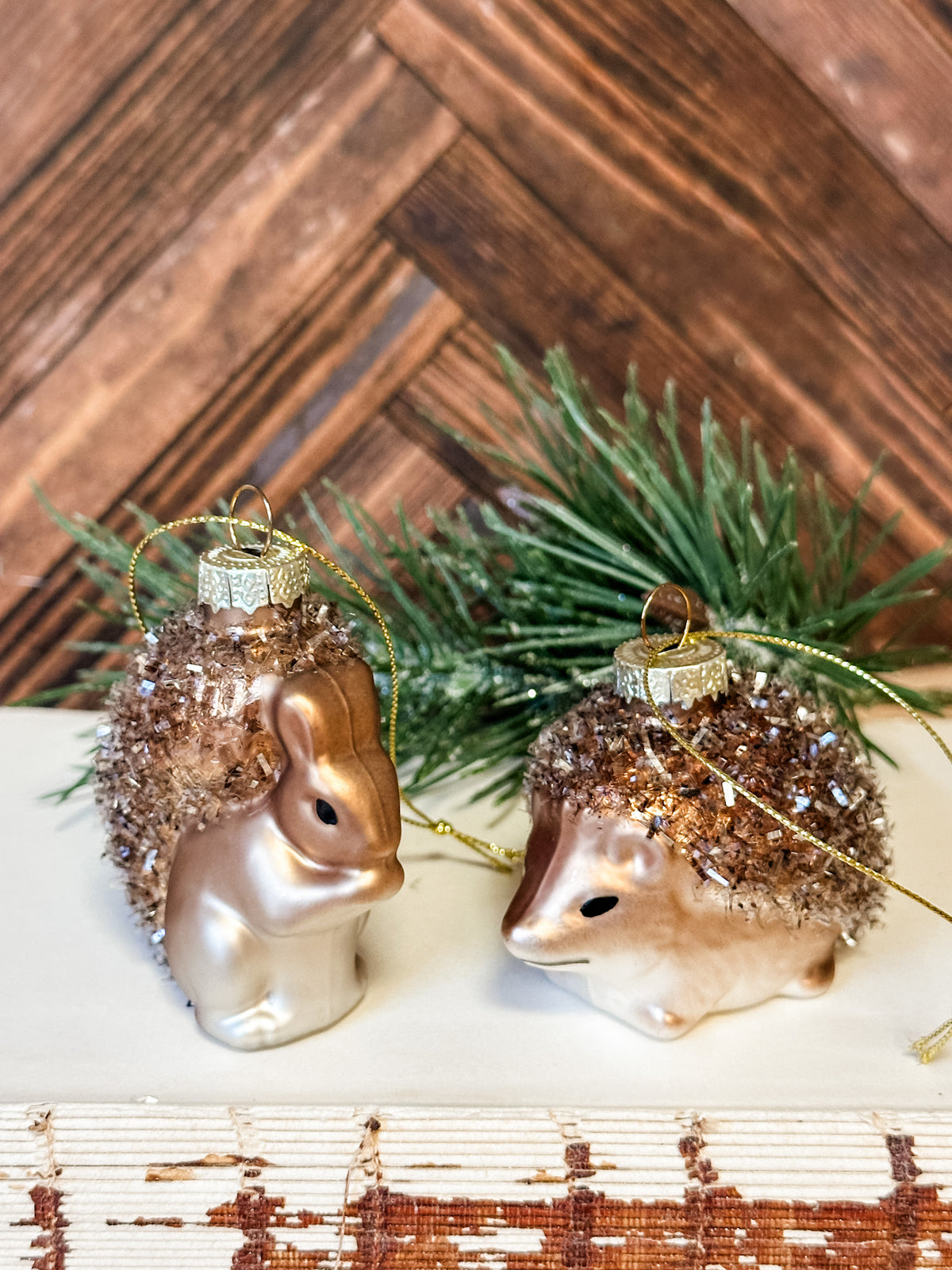 hedgehog and squirrel sparkly glass christmas ornament at the rustic barn in killingworth ct