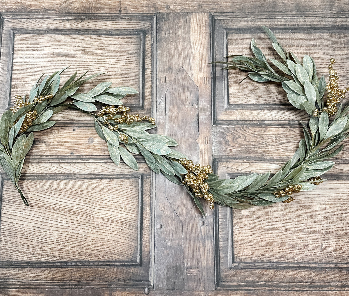gold berry holiday bay leaf garland for christmas for sale at the rustic barn in killingworth, CT