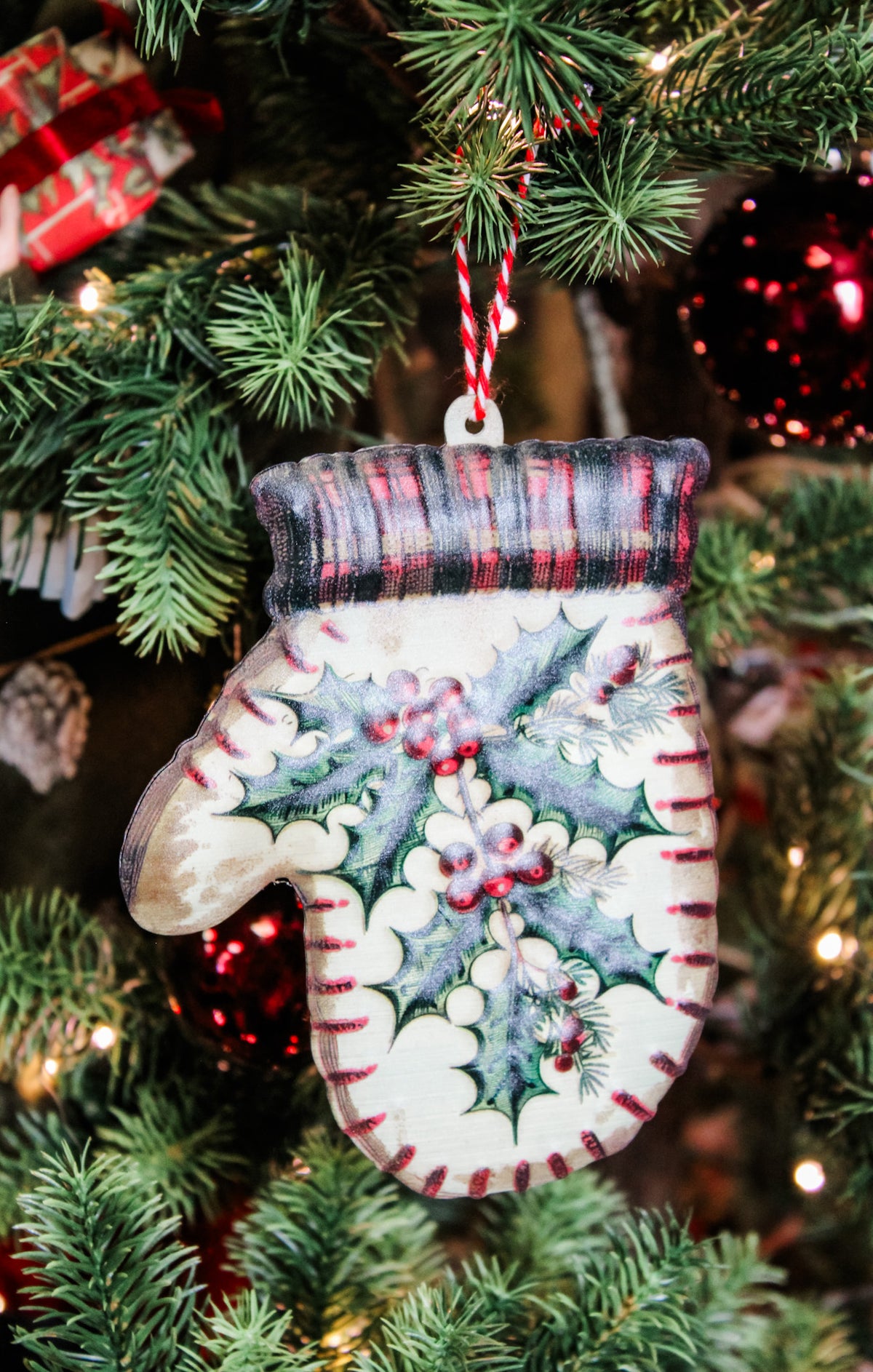 Holly mitten metal vintage christmas ornament for holiday and gifting for sale at the rustic barn in killingworth, CT