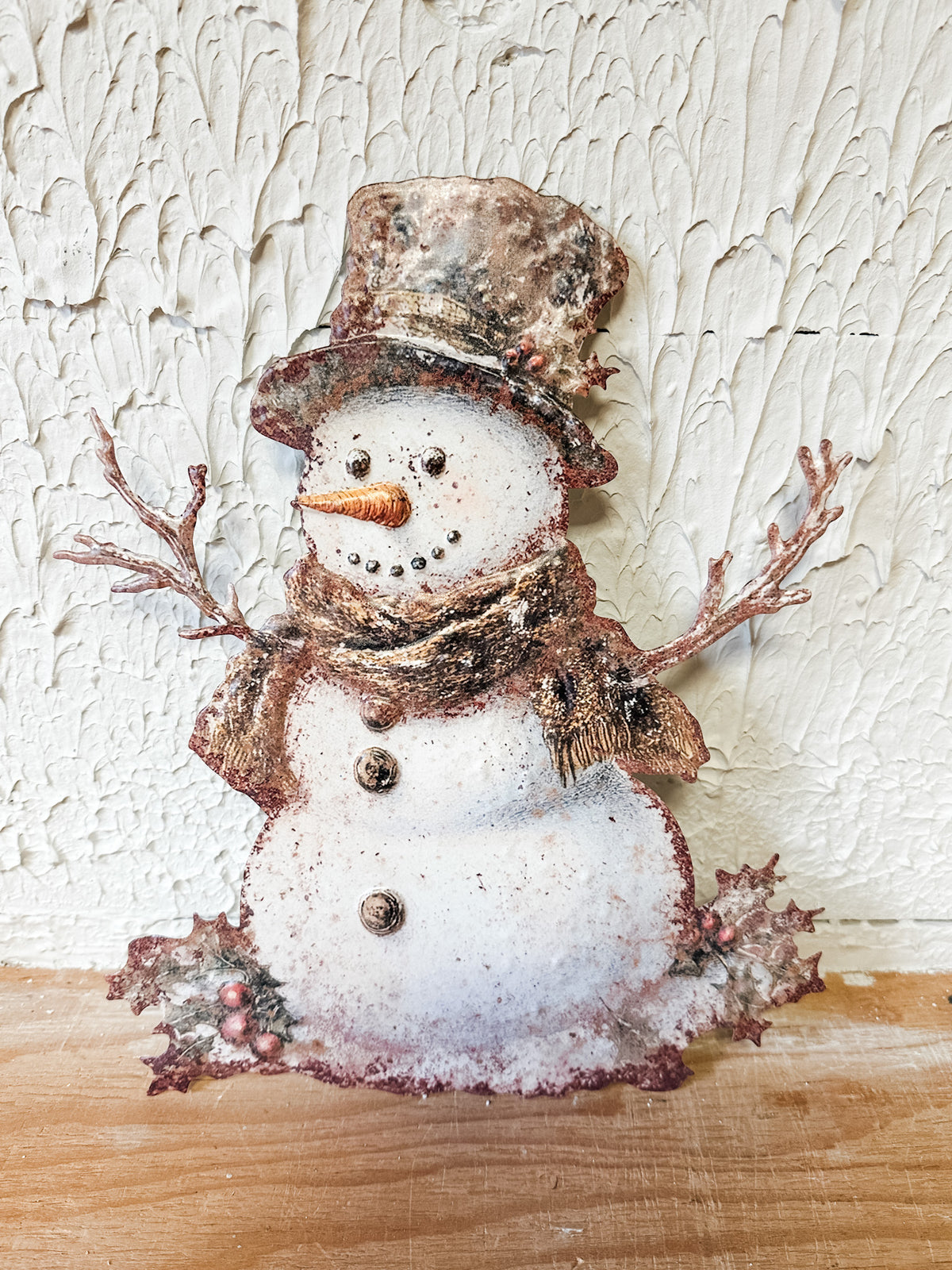 Holly metal snowman sign for sale at the rustic barn in killingworth, CT