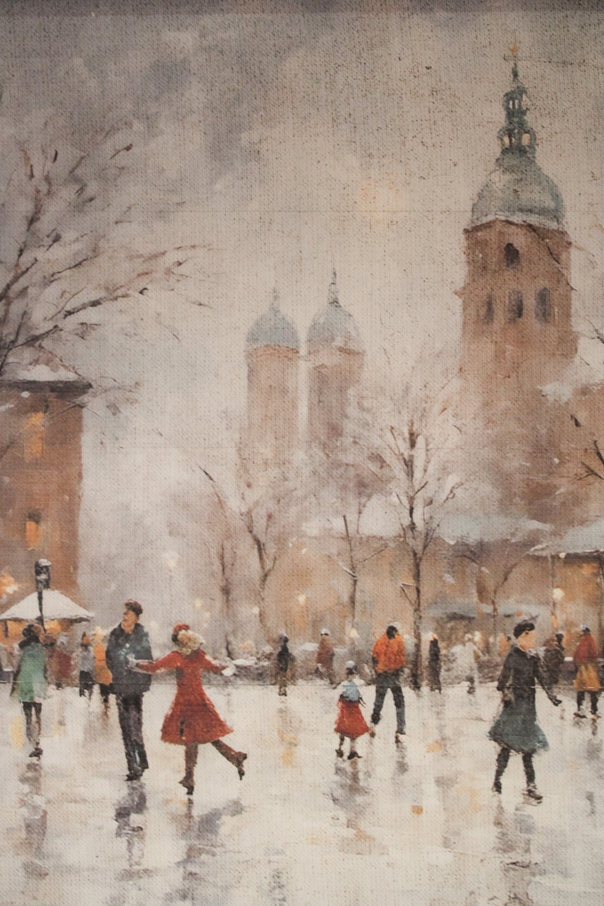 beautiful peaceful fun ice skating scene with holiday church in background and snowy scene for Christmas wall art for sale at the rustic barn in killingworth, CT