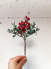faux iced berry and boxwood pick at The Rustic Barn in Killingworth CT