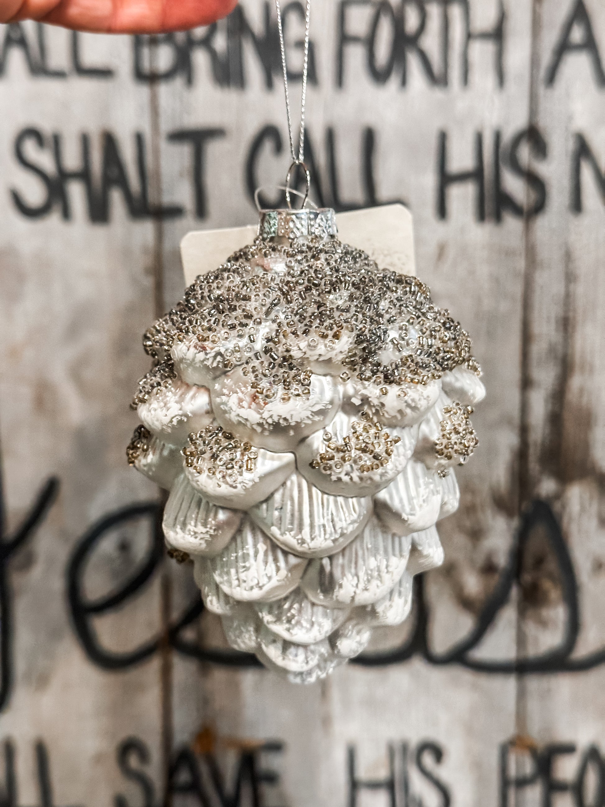 silver iced pinecone ornament at The Rustic Barn in Killingworth CT
