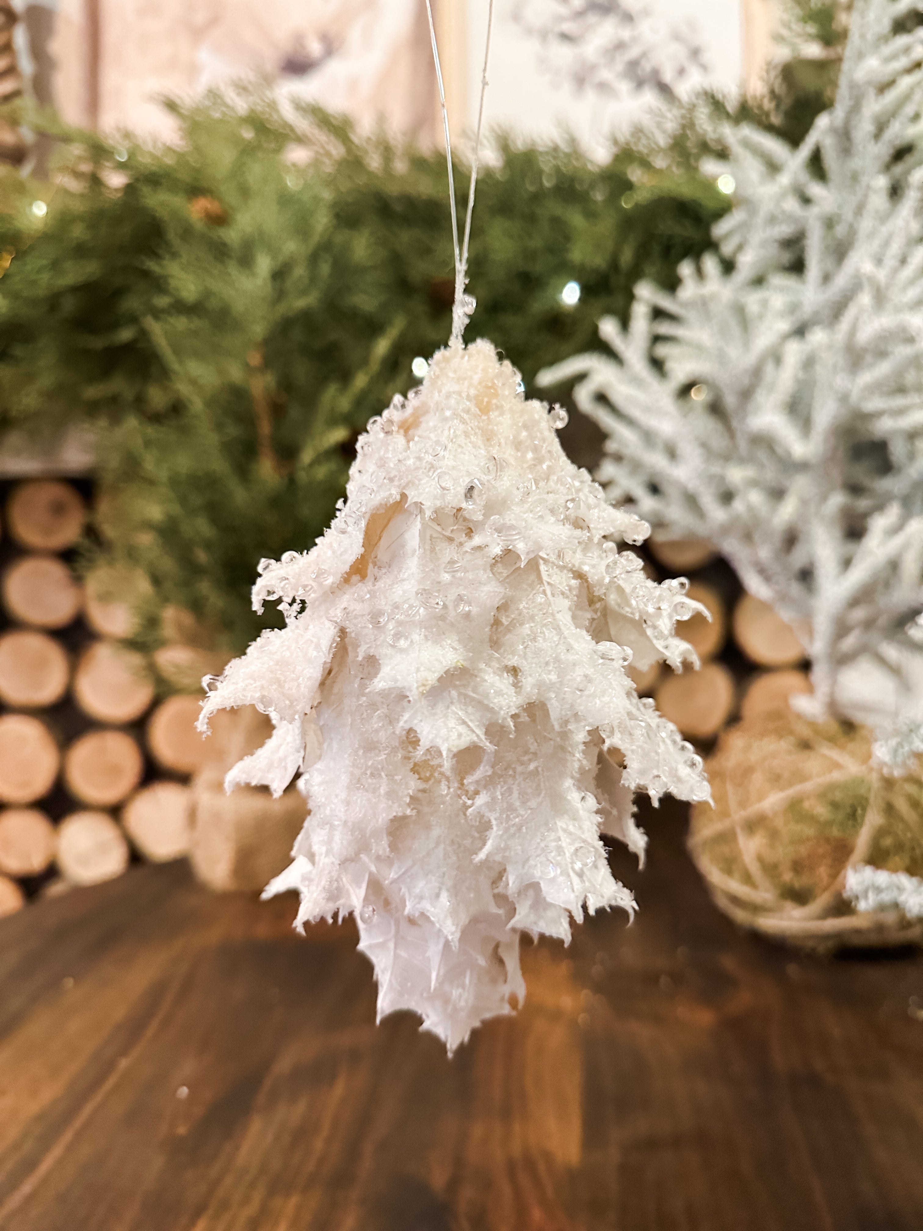 iced white holly leaf finial ornament at The Rustic Barn in Killingworth CT