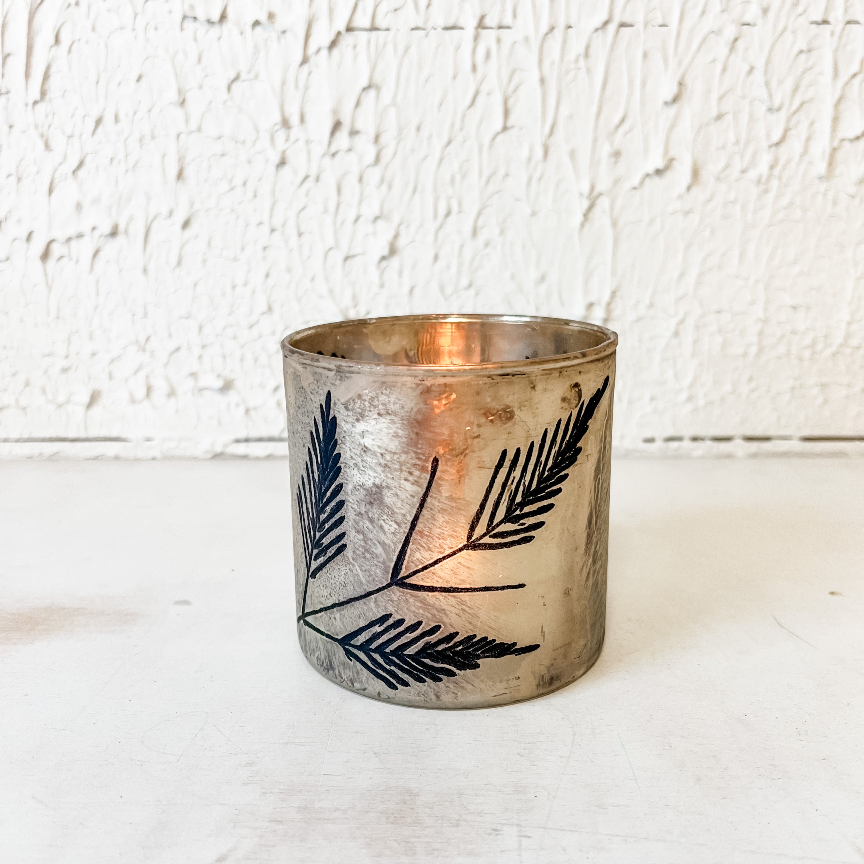 mercury glass candle holder with flocked leaves the Rustic Barn ct