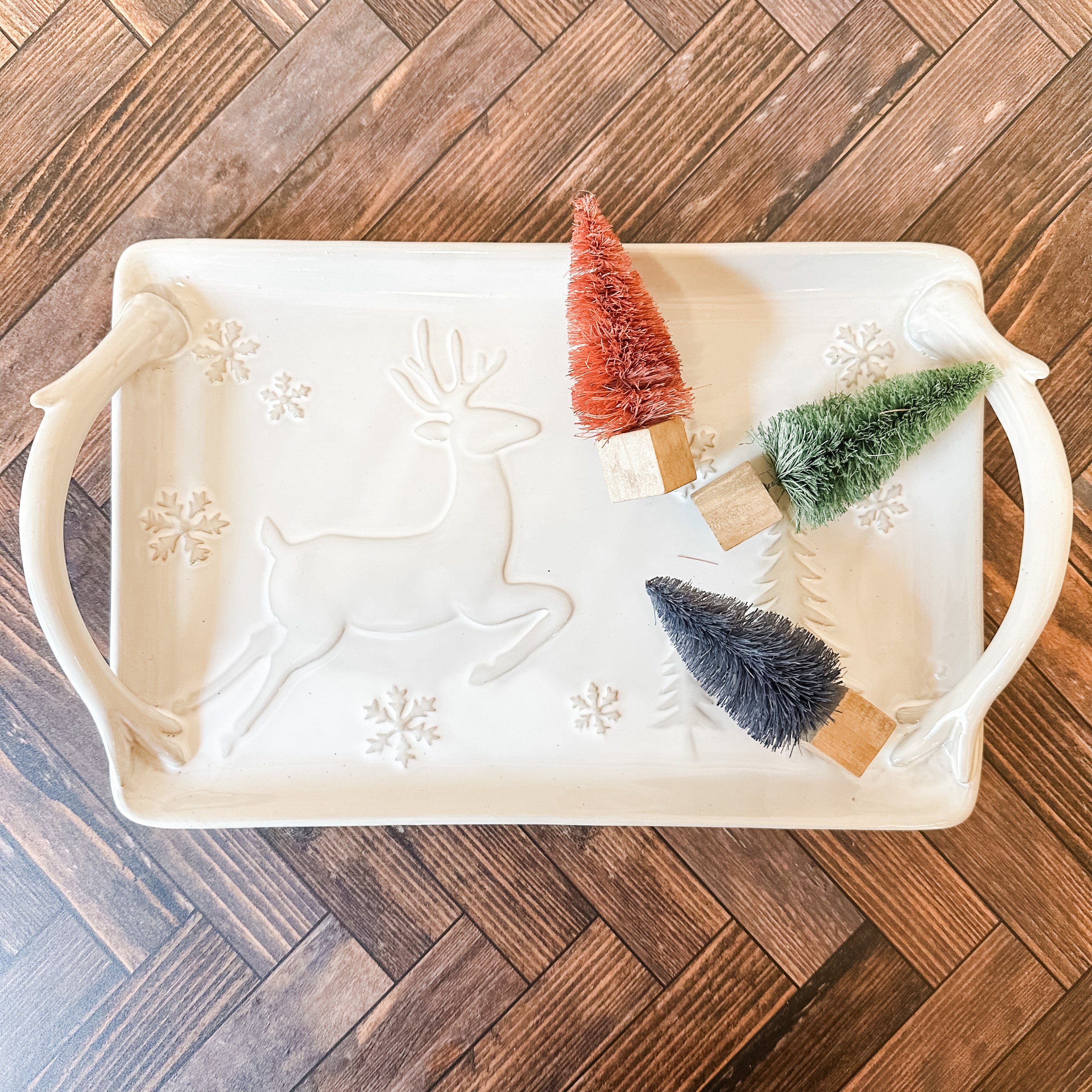 Stoneware White Tray With Handles, Deer Print