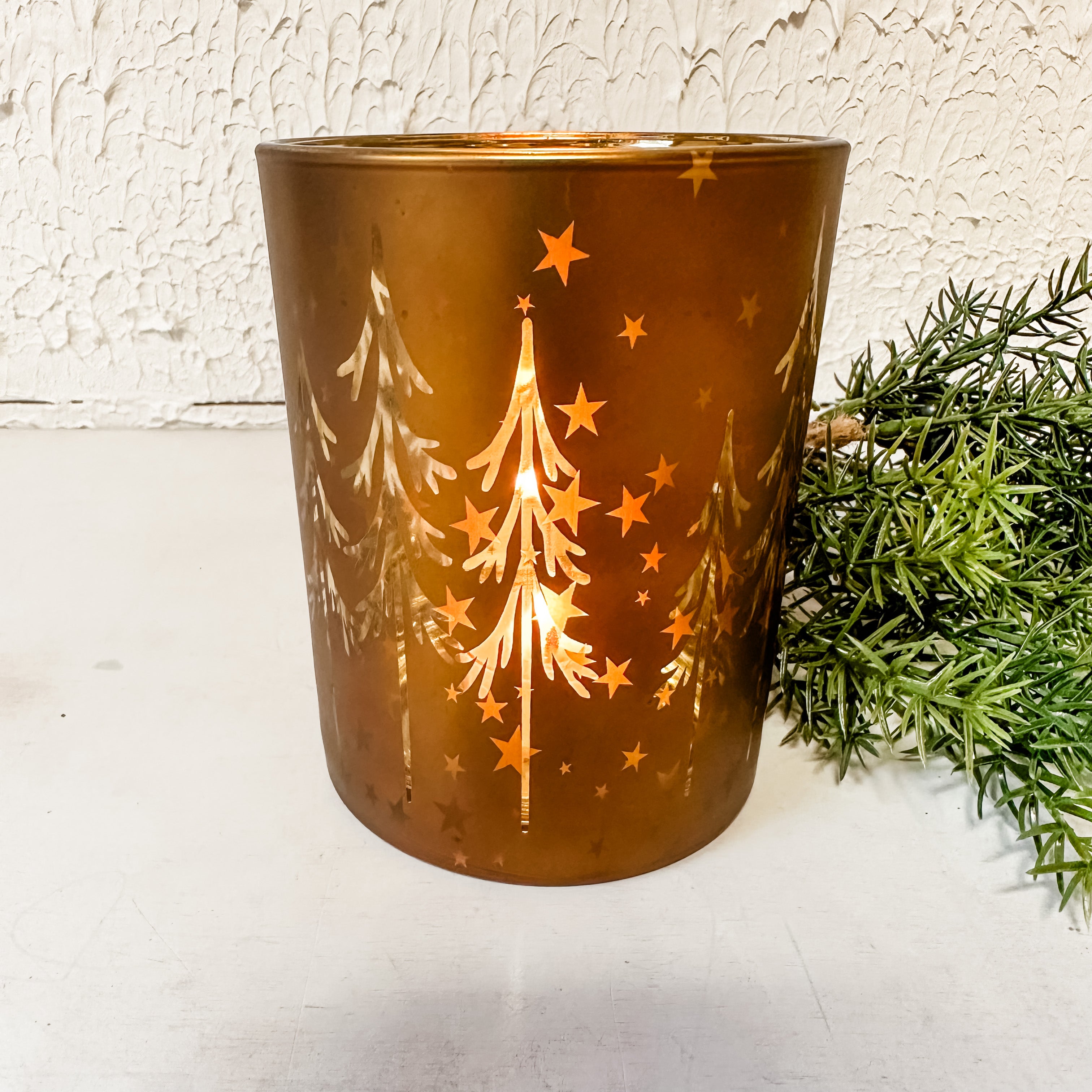 brown mercury glass holder with etched trees the rustic barn ct